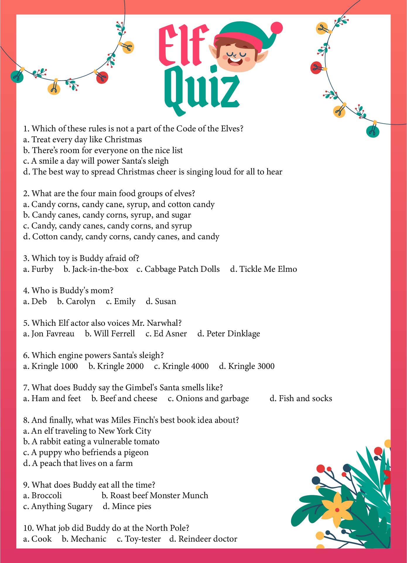Elf Trivia Christmas Quiz Templates Printable