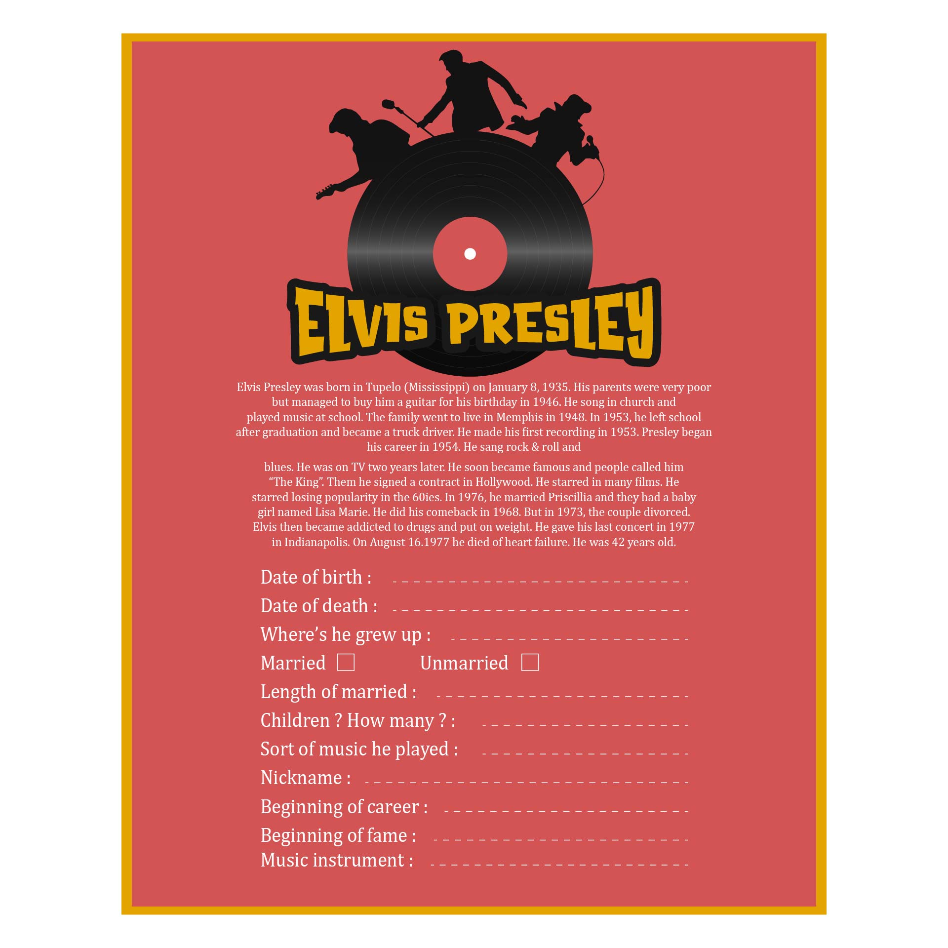 Elvis Presley Worksheet Printables