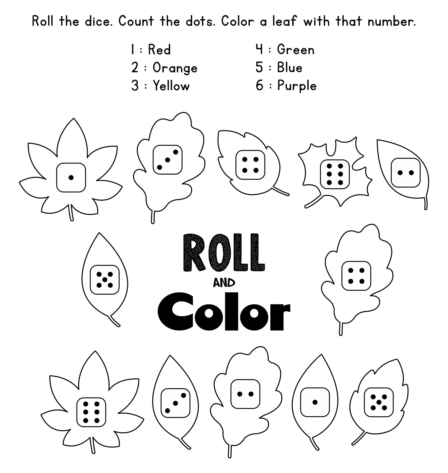 Fall Leaves Roll And Color Numbers Worksheet