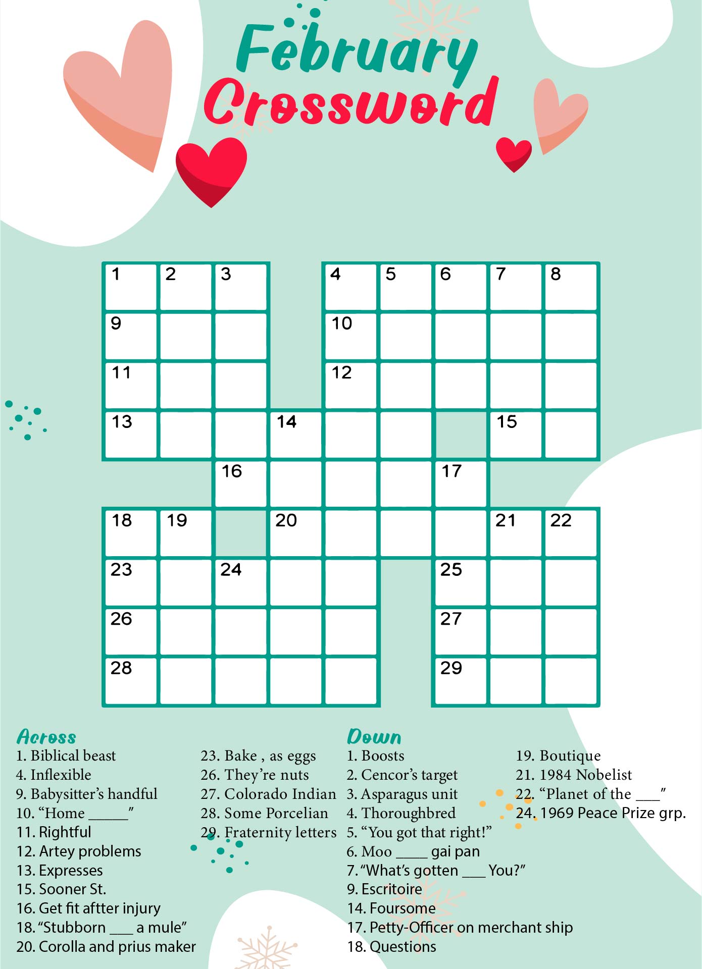 February Crossword Puzzle Printables For Kids