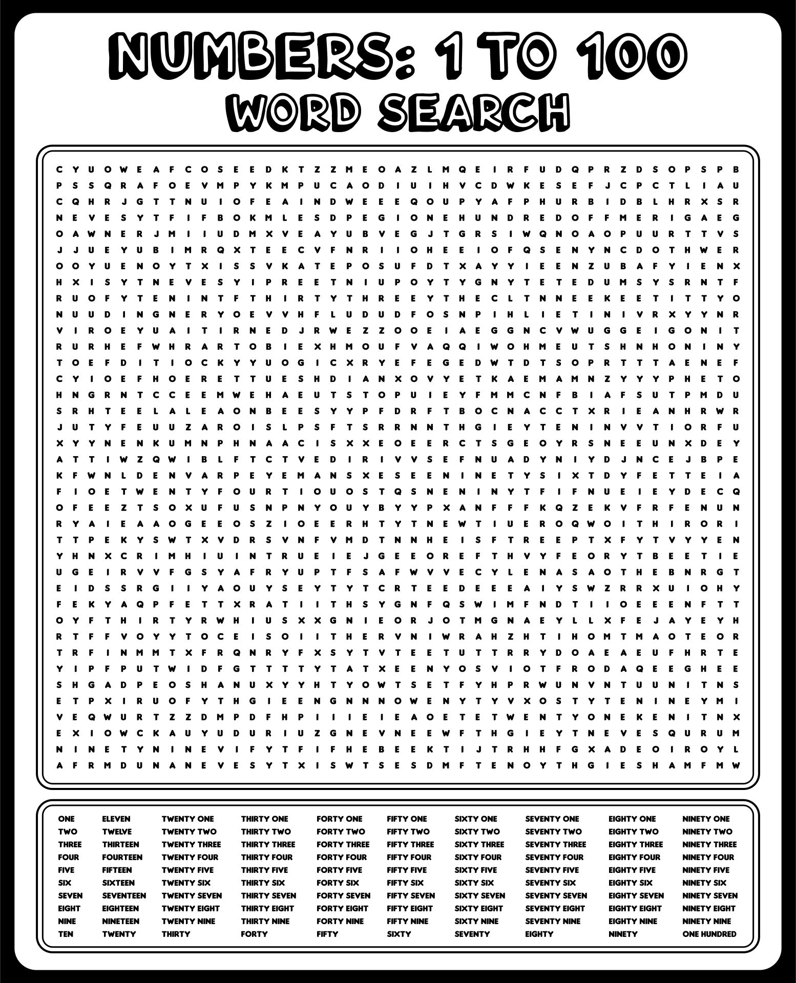 Numbers To 100 Word Search