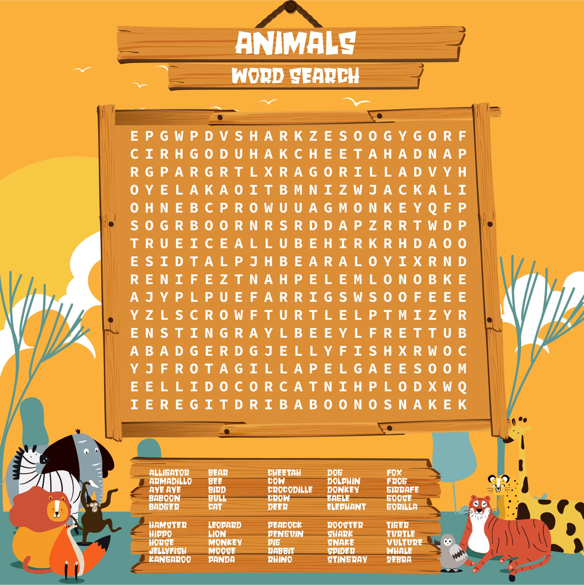 Printable 100 Animal Word Search Puzzles