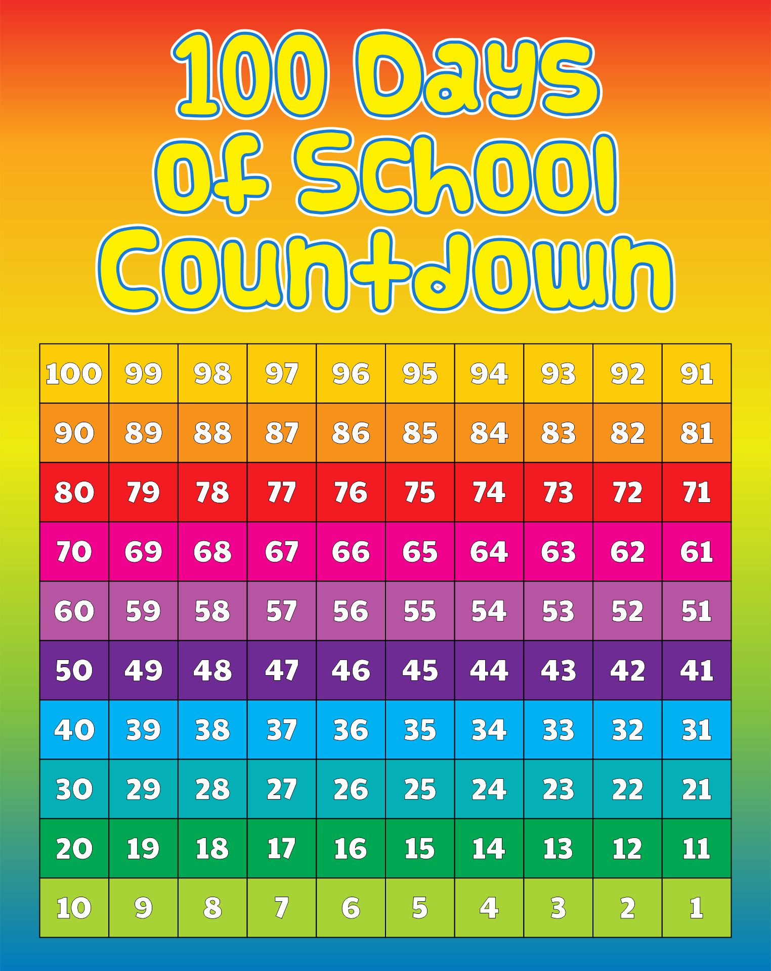Printable 100 Days Of School Countdown Chart Template