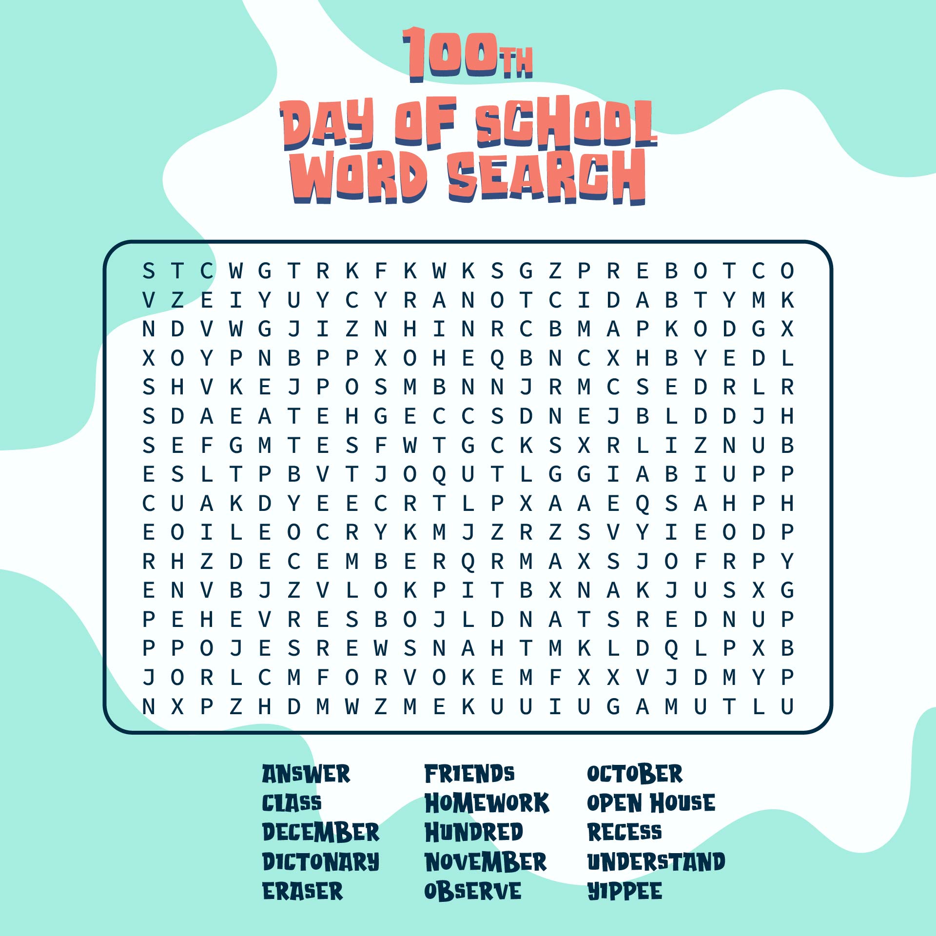 Printable 100th Day Of School Word Search
