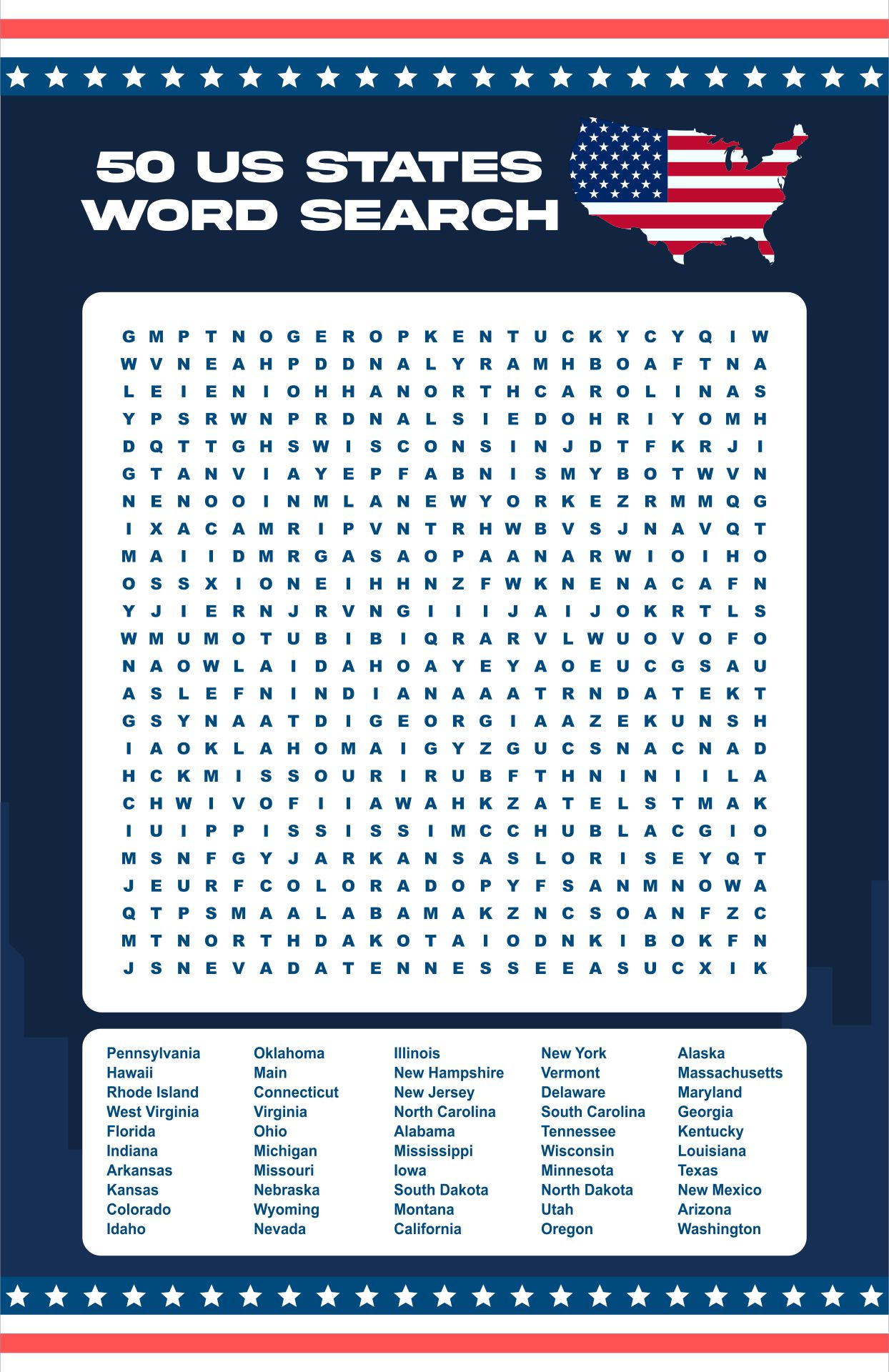 Printable 50 States Of USA Word Search Puzzle