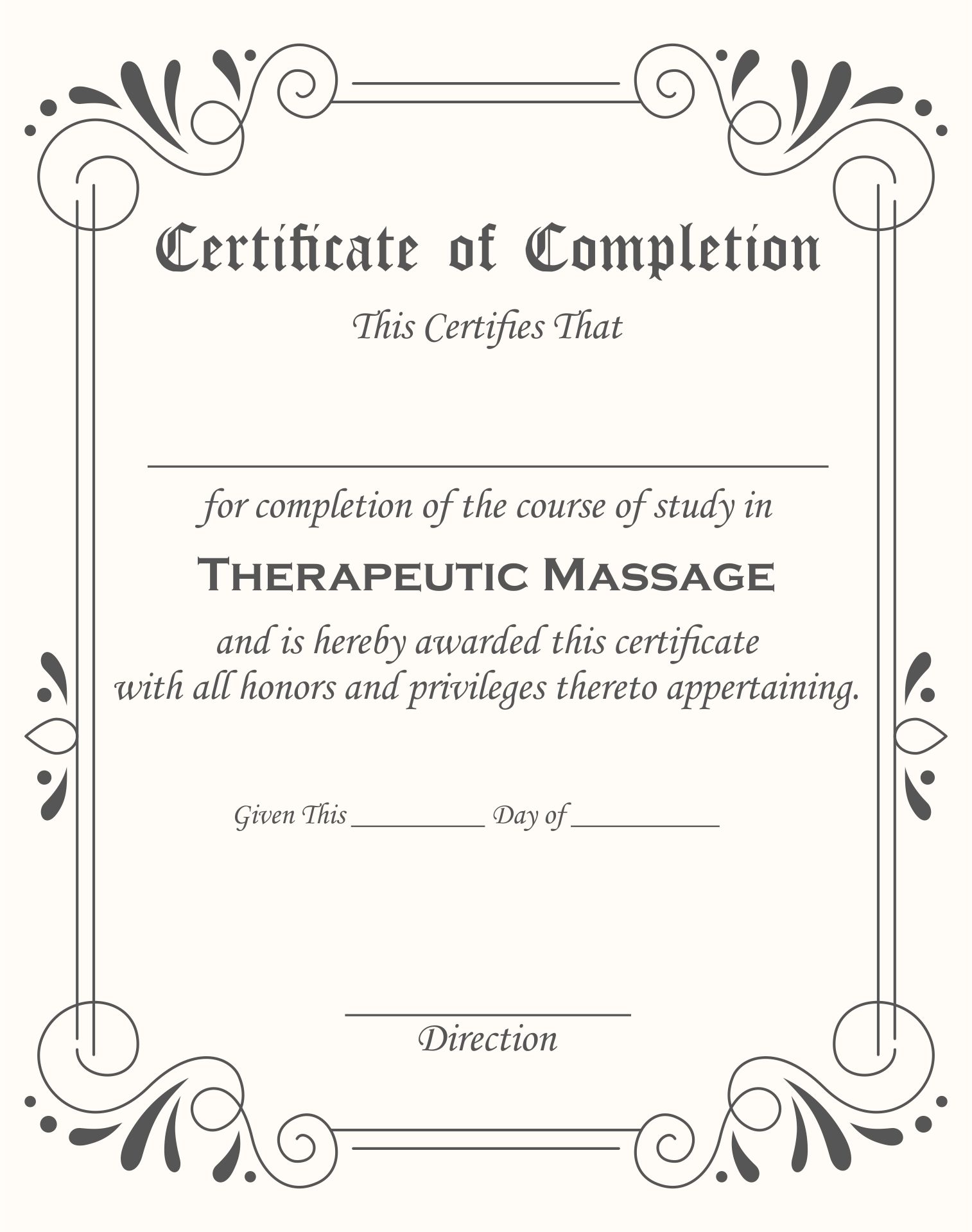 Printable Blank Massage Therapist Certificate
