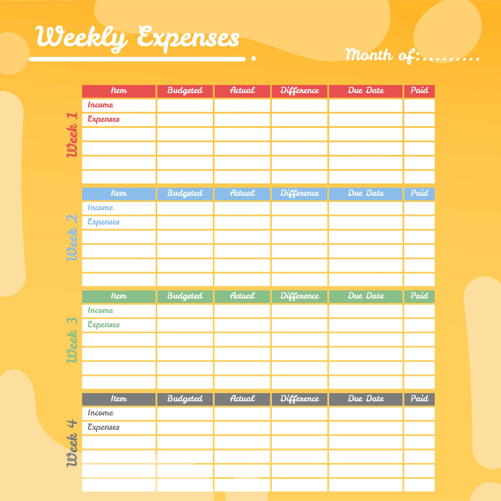 Printable Blank Weekly Home Budget Template