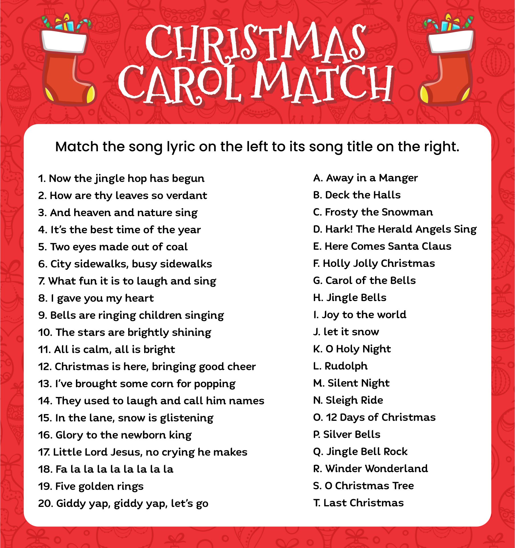 Printable Christmas Carol Trivia Game