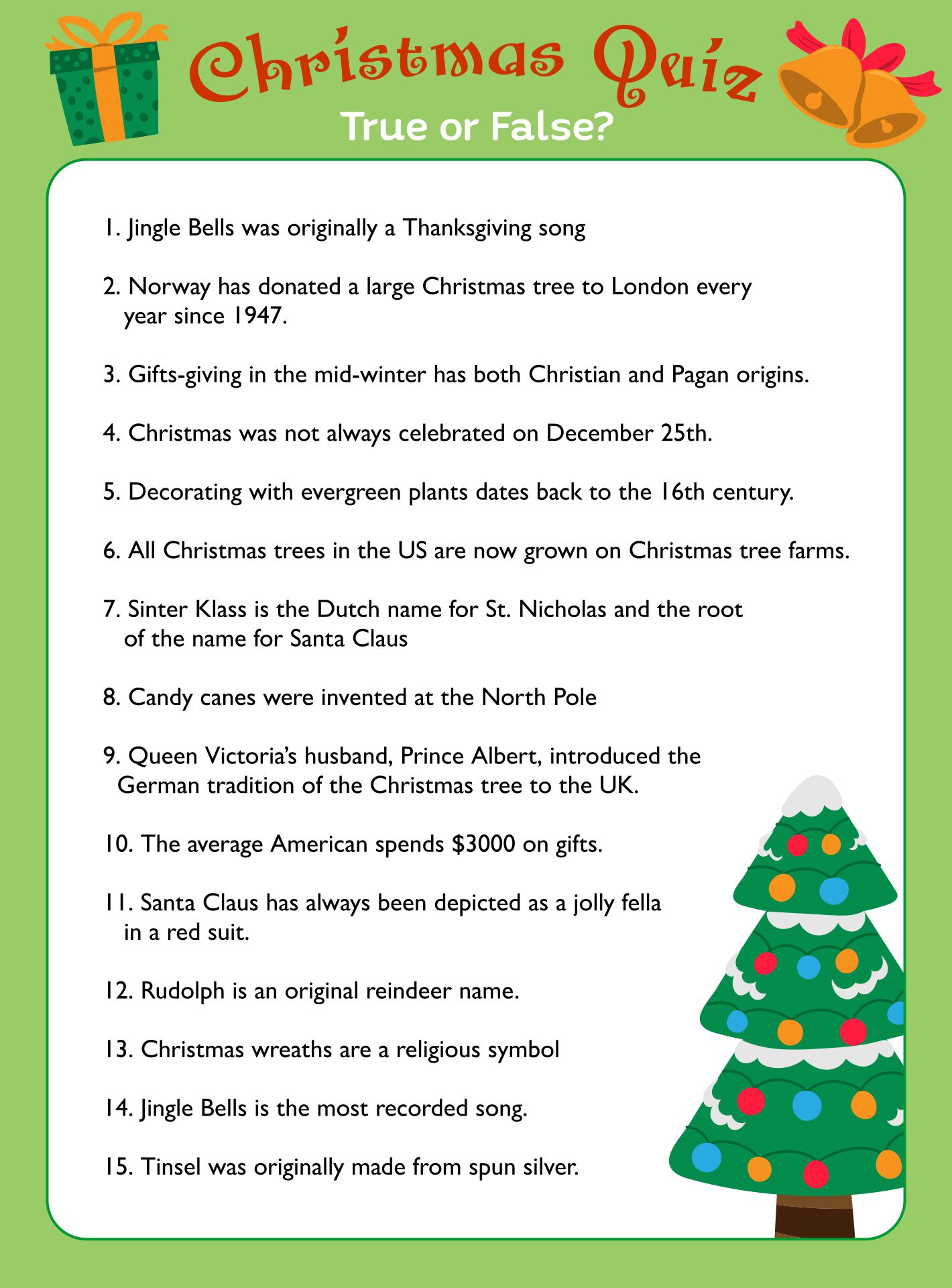 Printable Christmas Facts True False Quiz