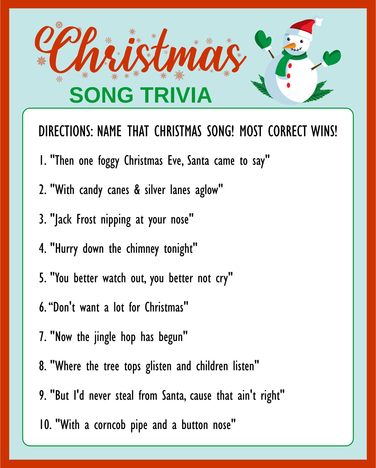 Printable Christmas Song Trivia Pictures