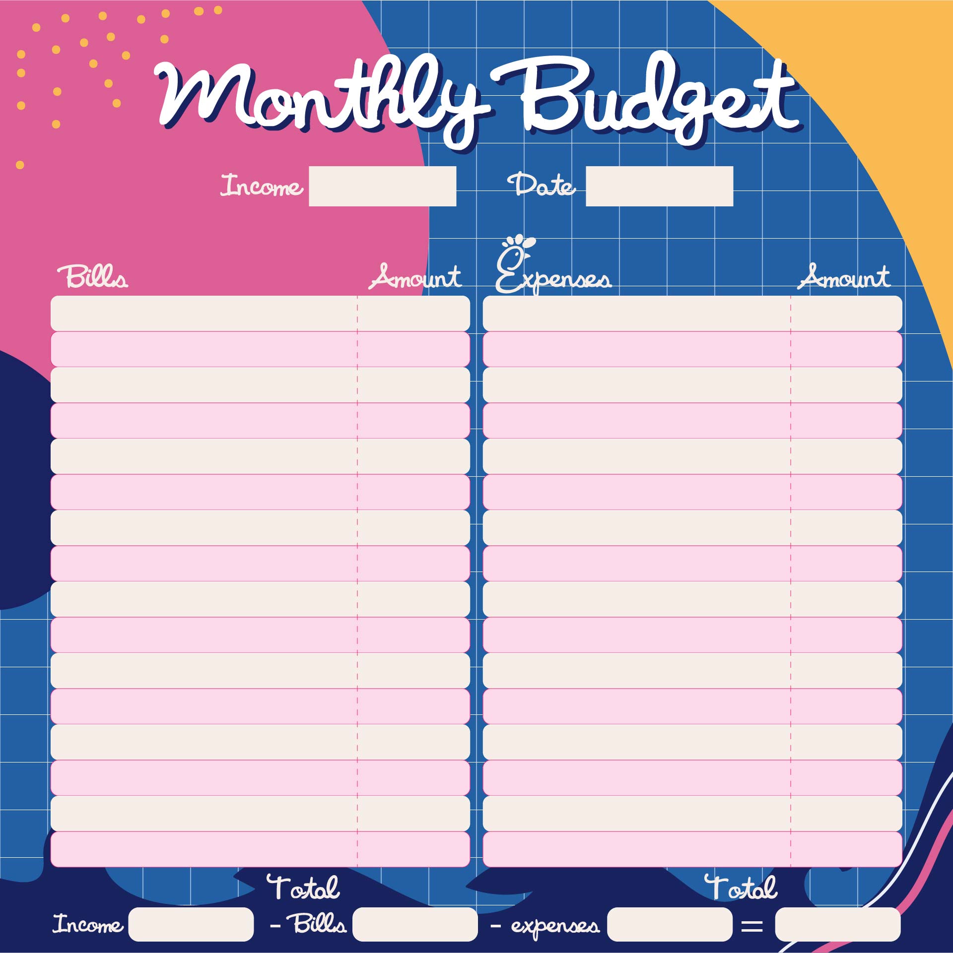 Printable Cute Monthly Budget Worksheets Template