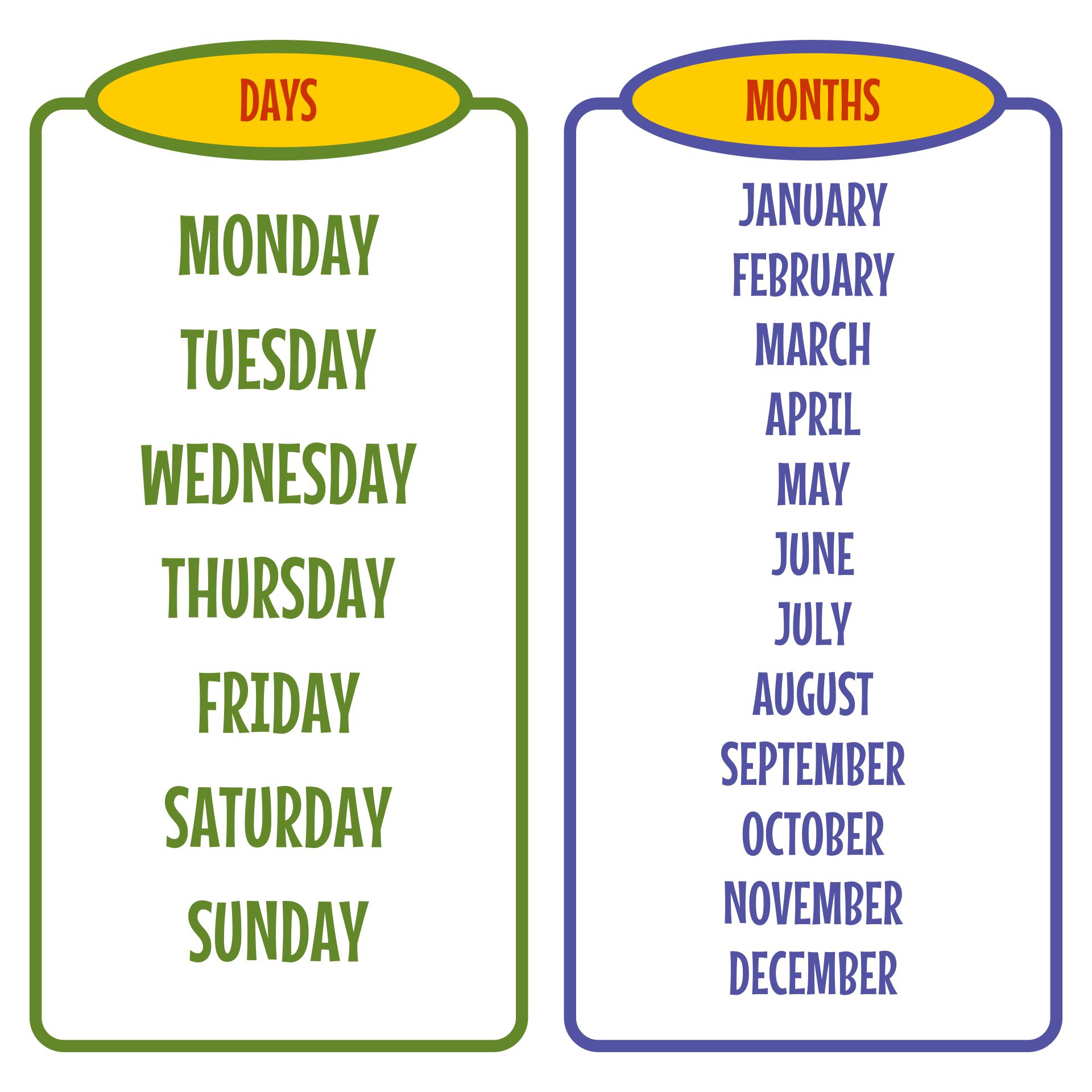 Printable Days Of The Week And Months Of The Year Chart