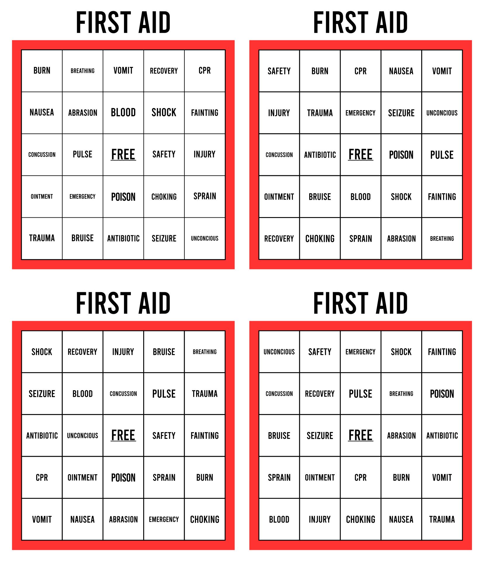 Printable First Aid Bingo Cards