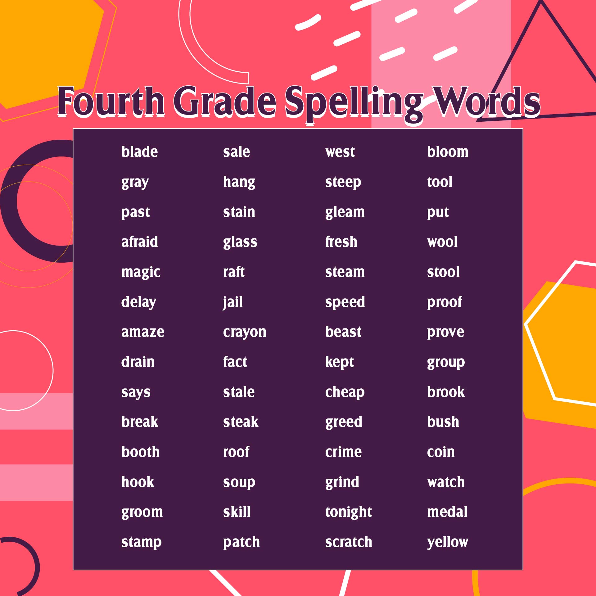 Printable Fourth Grade Spelling Words