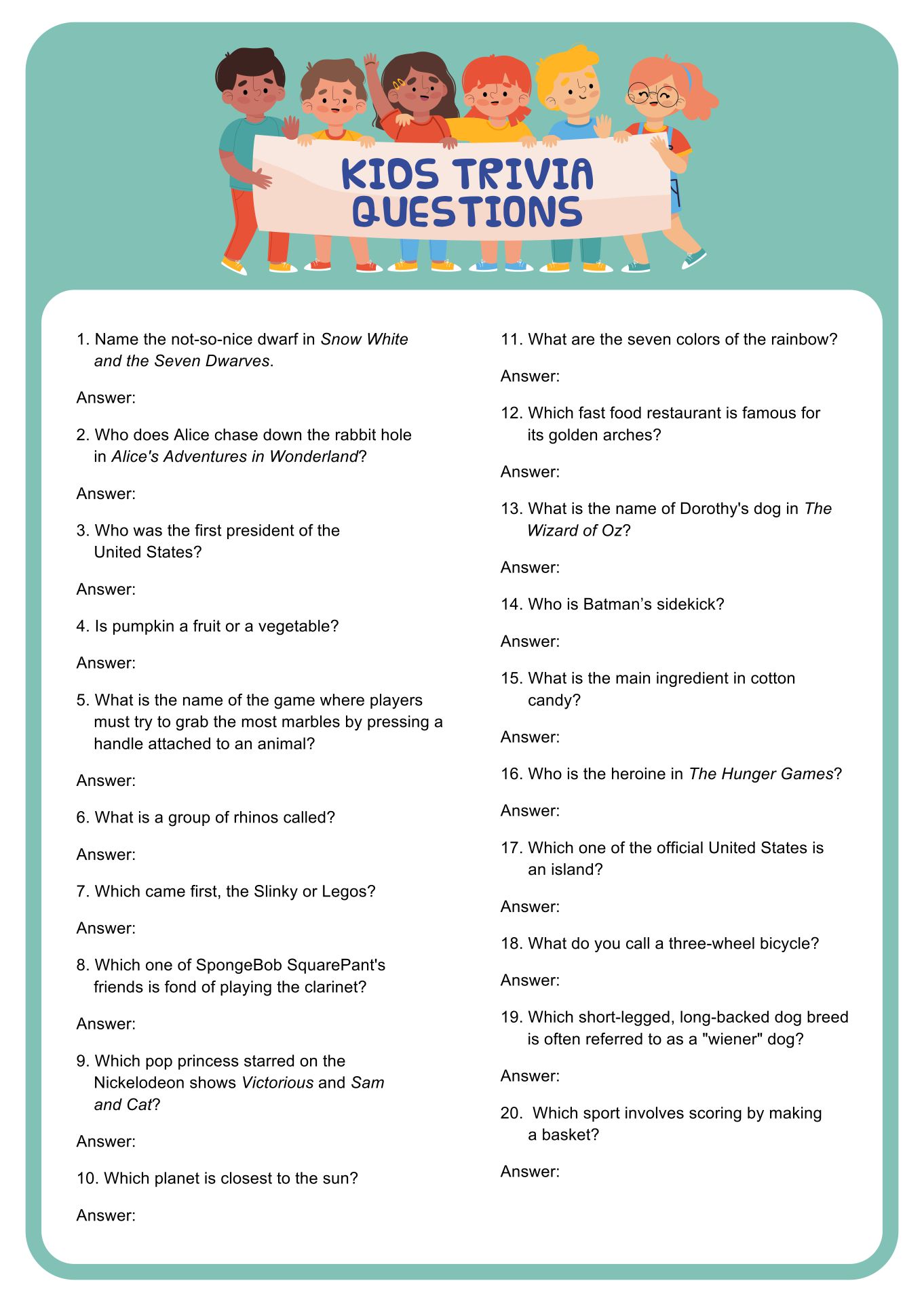 Printable Fun Quiz Questions For Kids