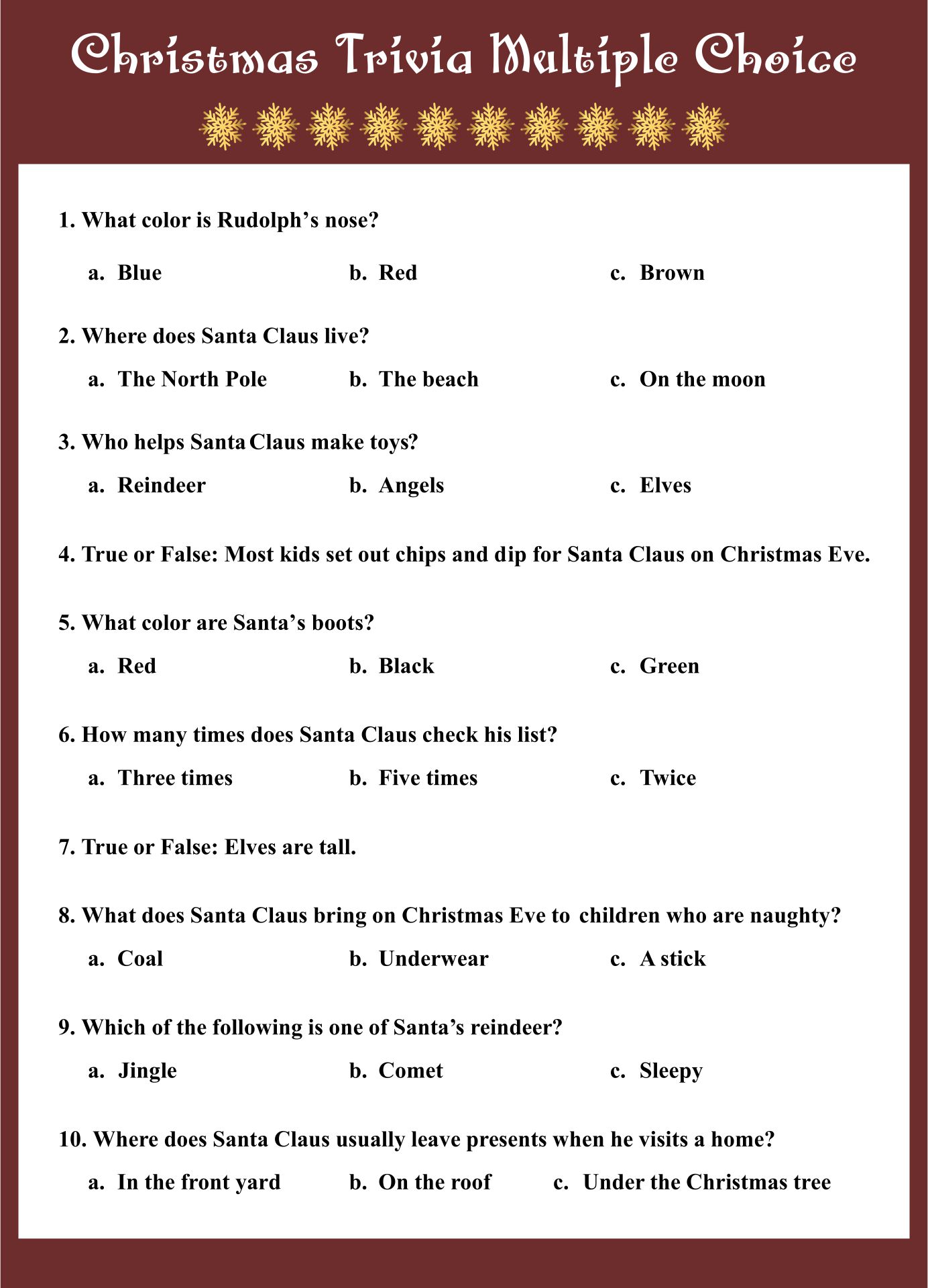 Printable General Knowledge Christmas Trivia Quiz