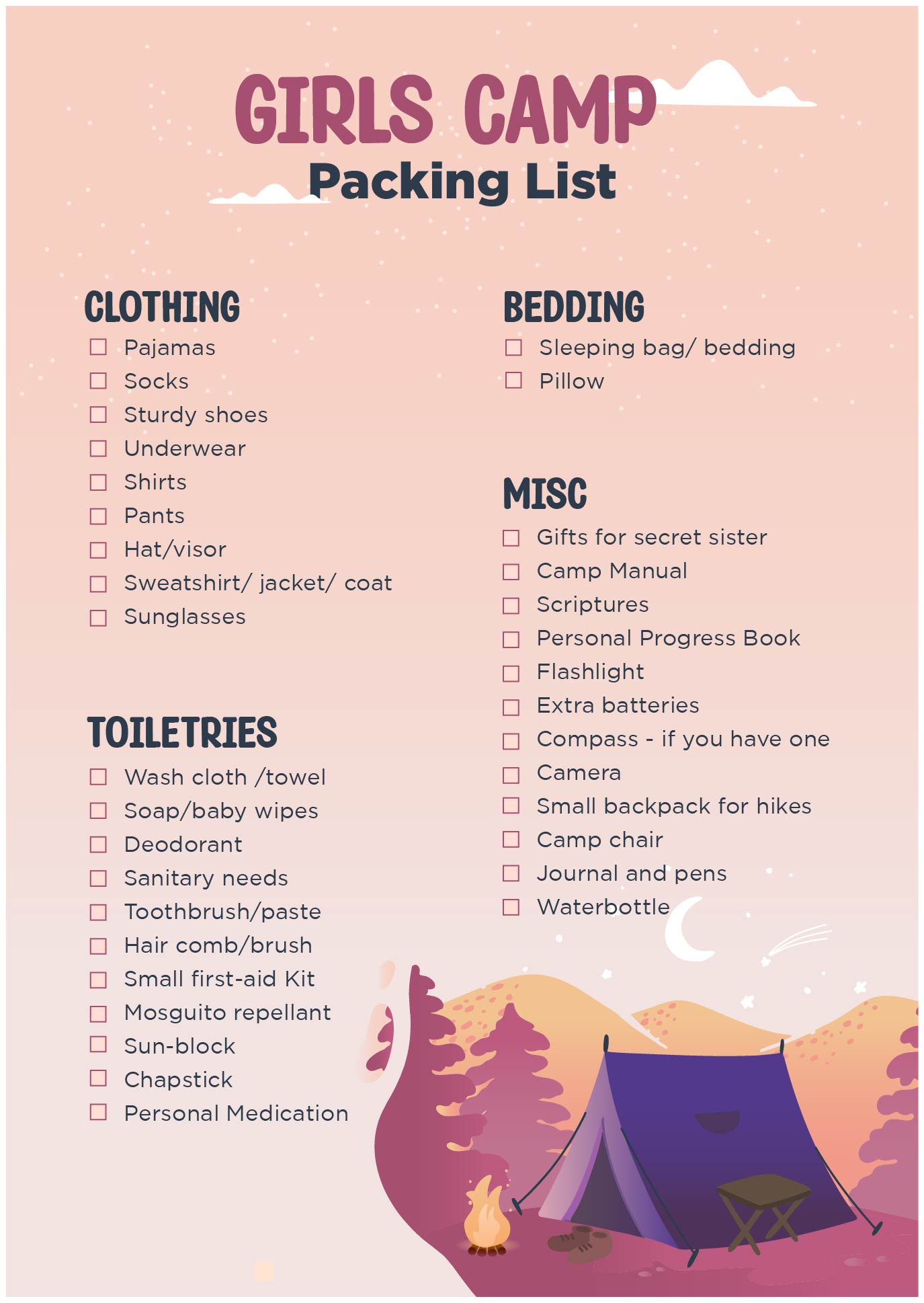 Printable Girls Camp Packing List Templates