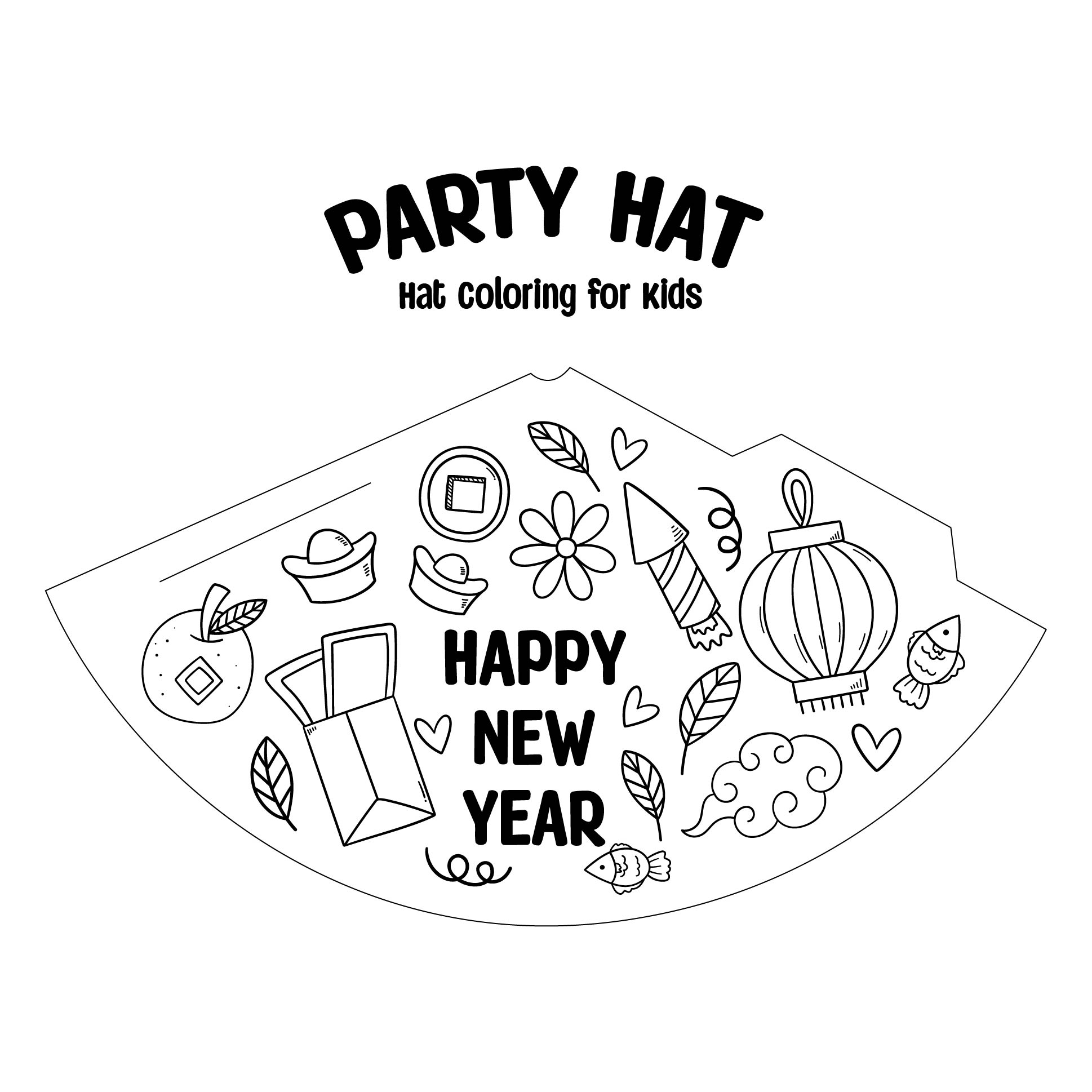Printable Happy New Year Party Hat Coloring For Kids