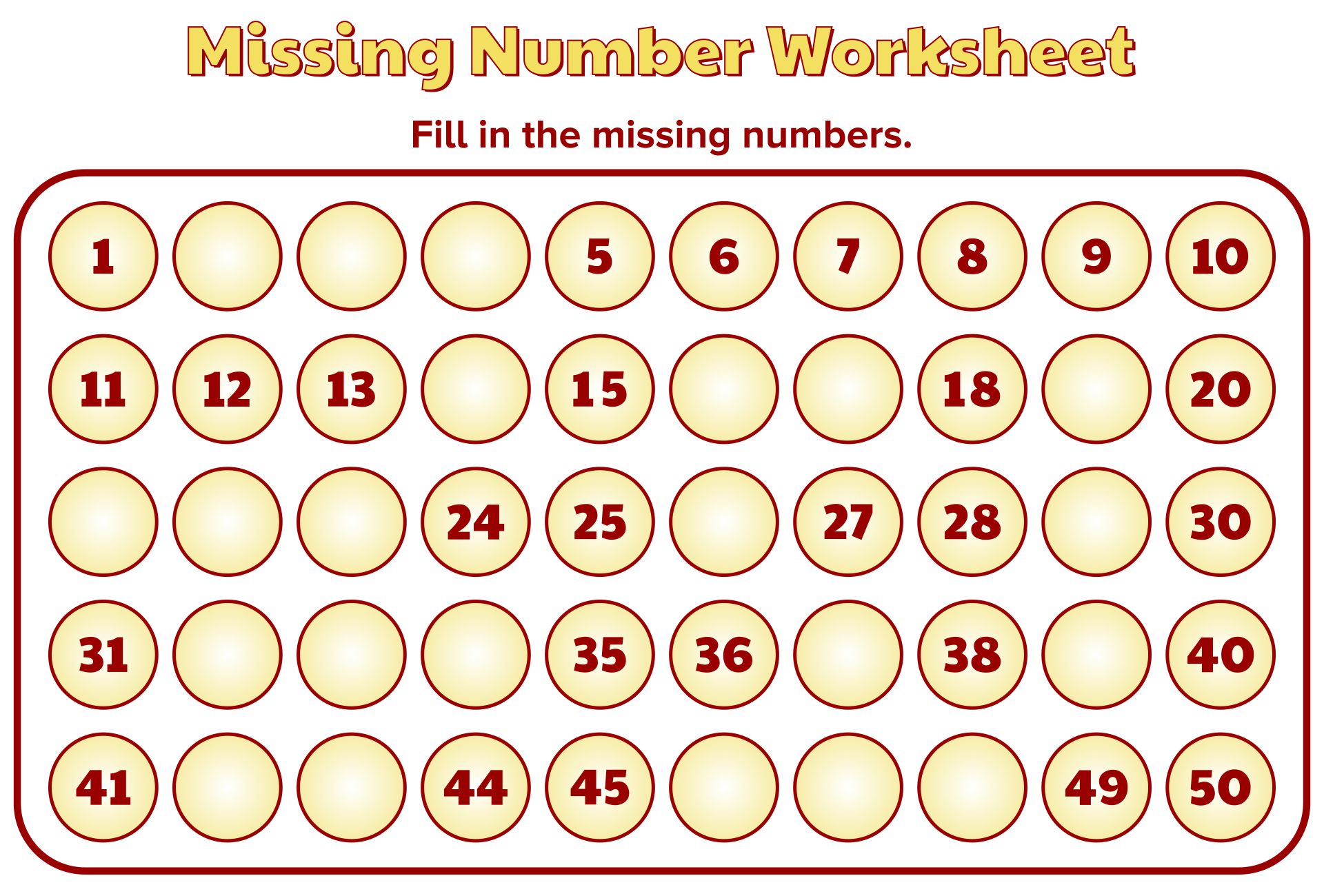 Printable Missing Number Worksheet