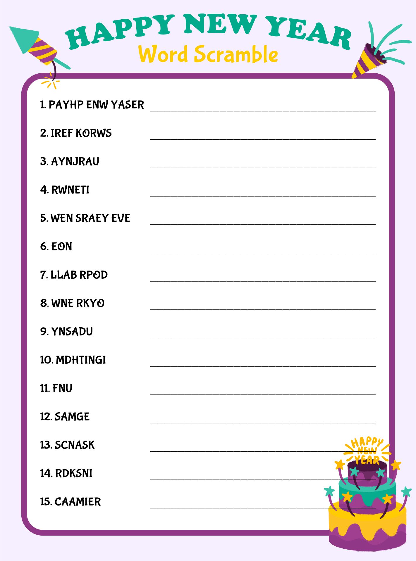 Printable New Year Word Scramble Puzzle