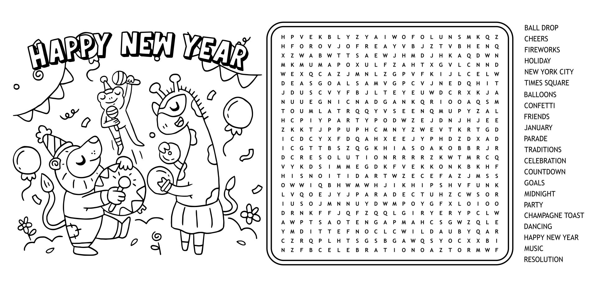 Printable New Years Word Search Coloring Page