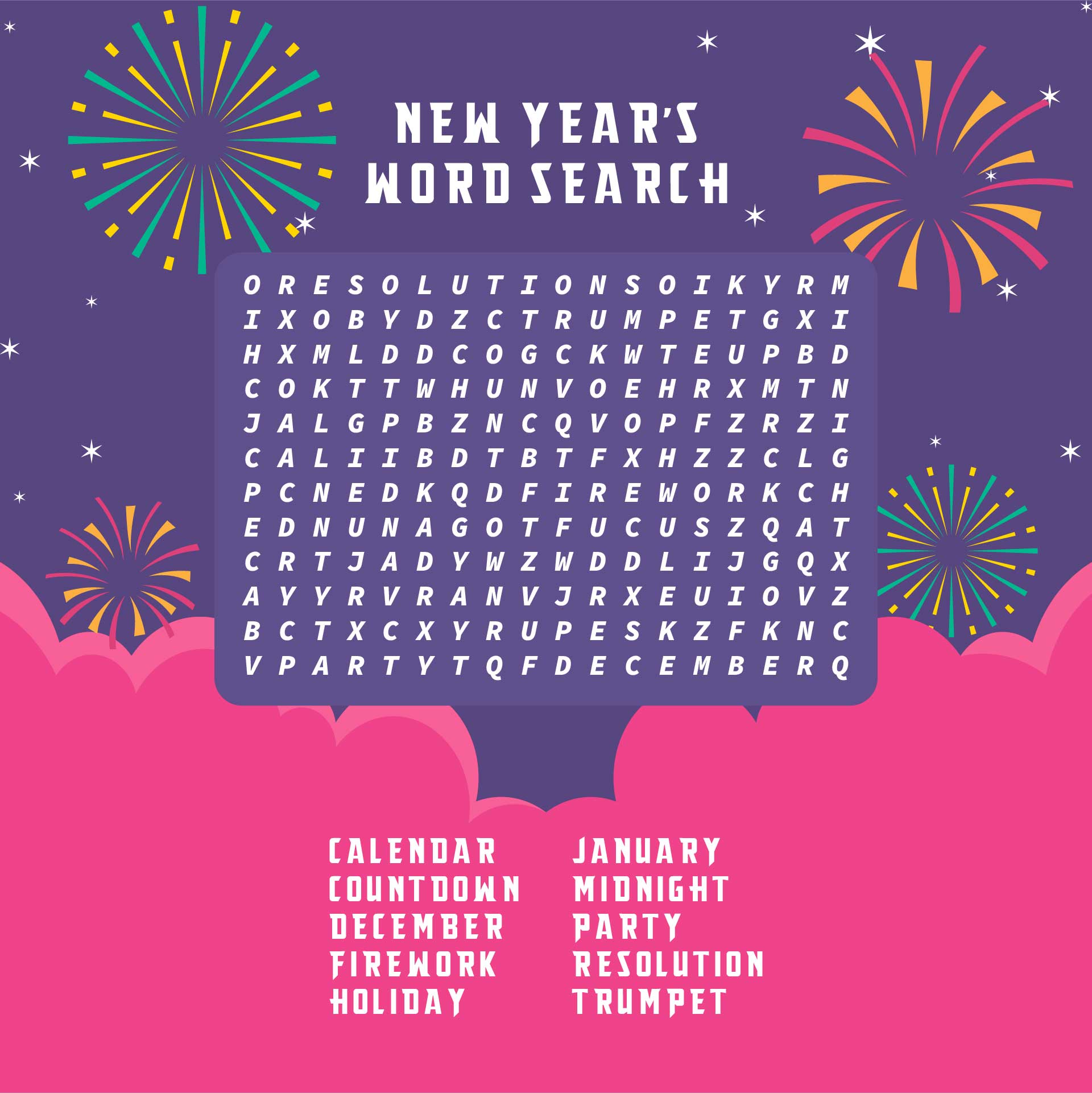 Printable New Years Word Search Puzzle For Kids