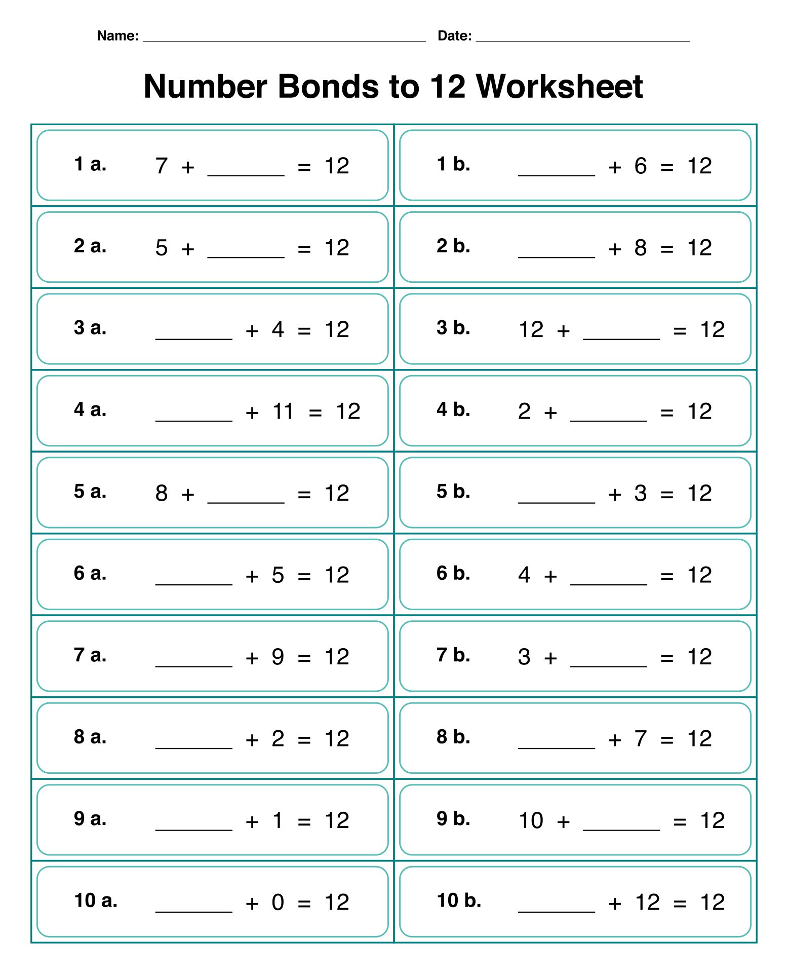 Printable Number Bonds To 12 Math Worksheets