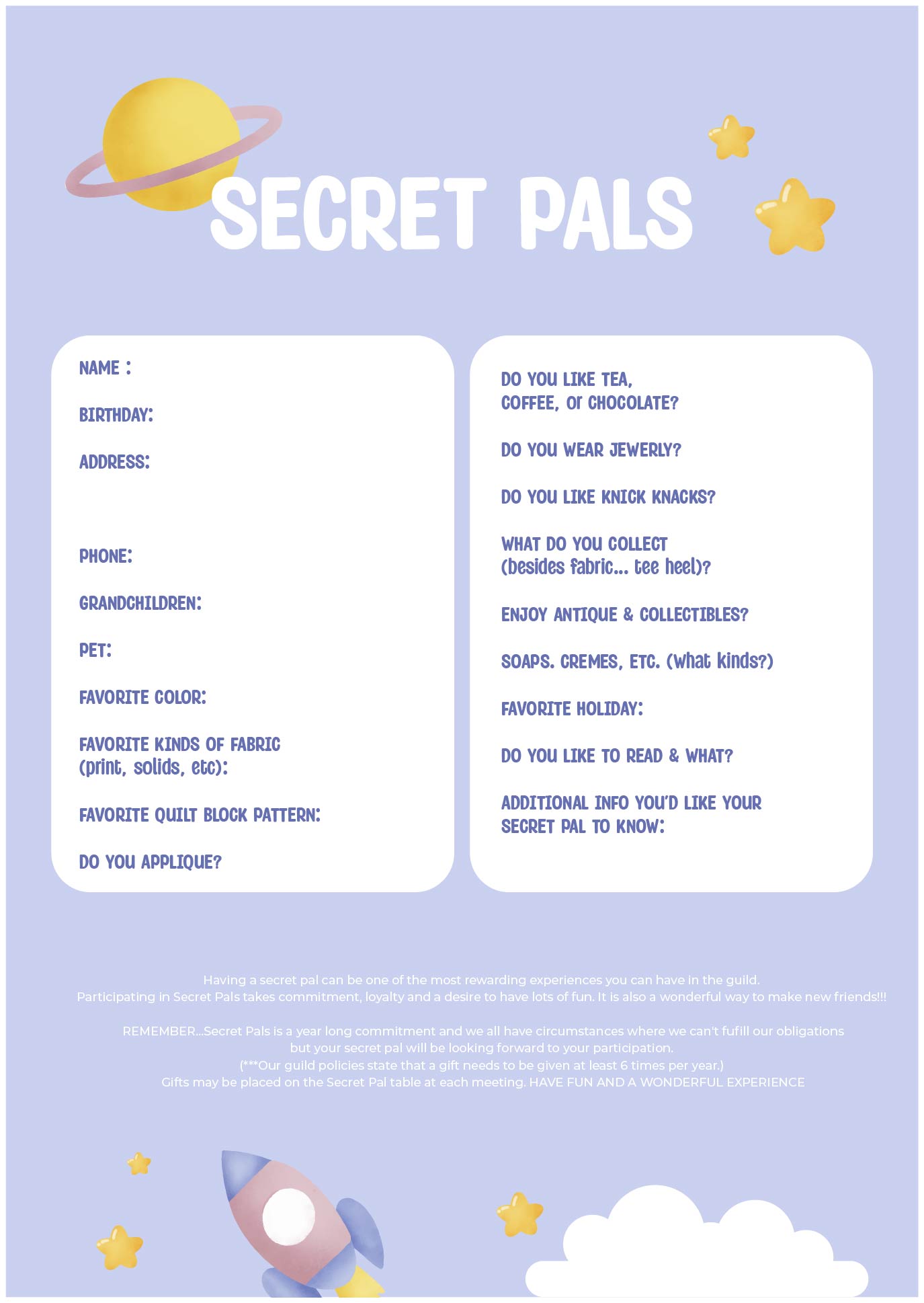 Printable Secret Pal Getting To Know You Form Template