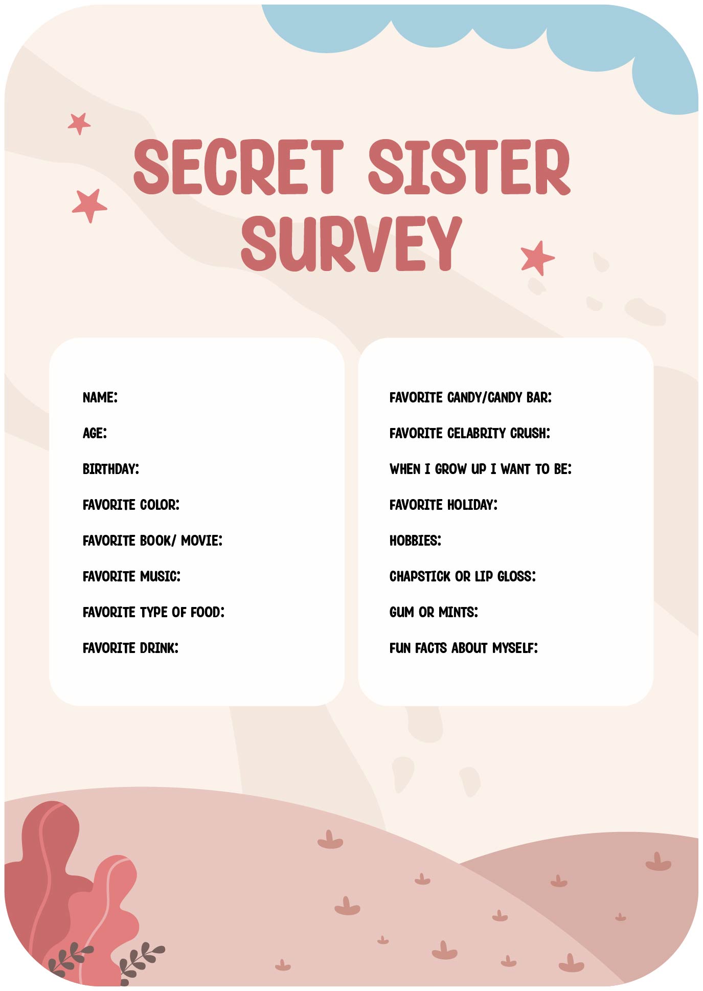 Printable Secret Sister Survey For Name Swap
