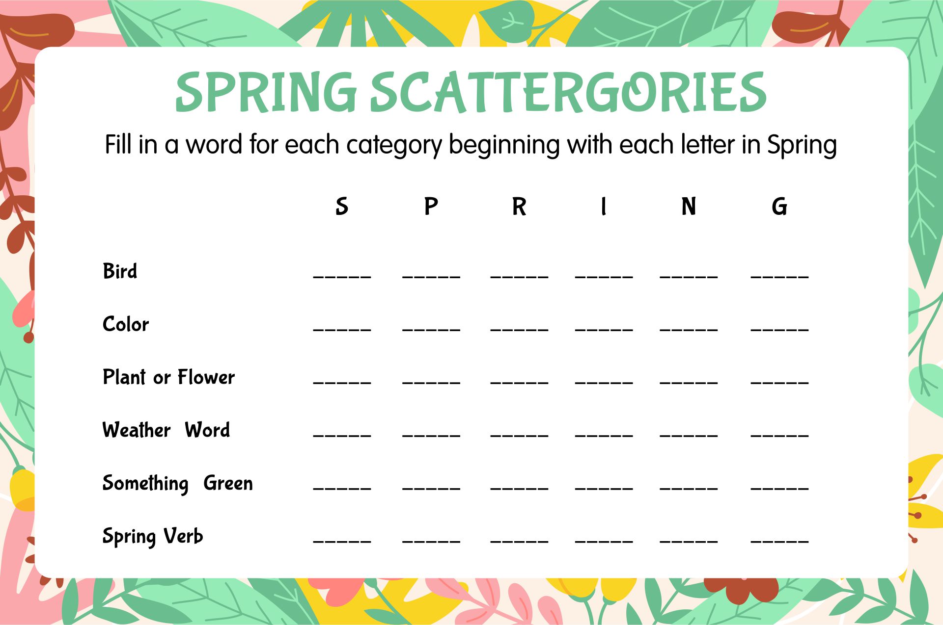 Printable Spring Scattergories Template