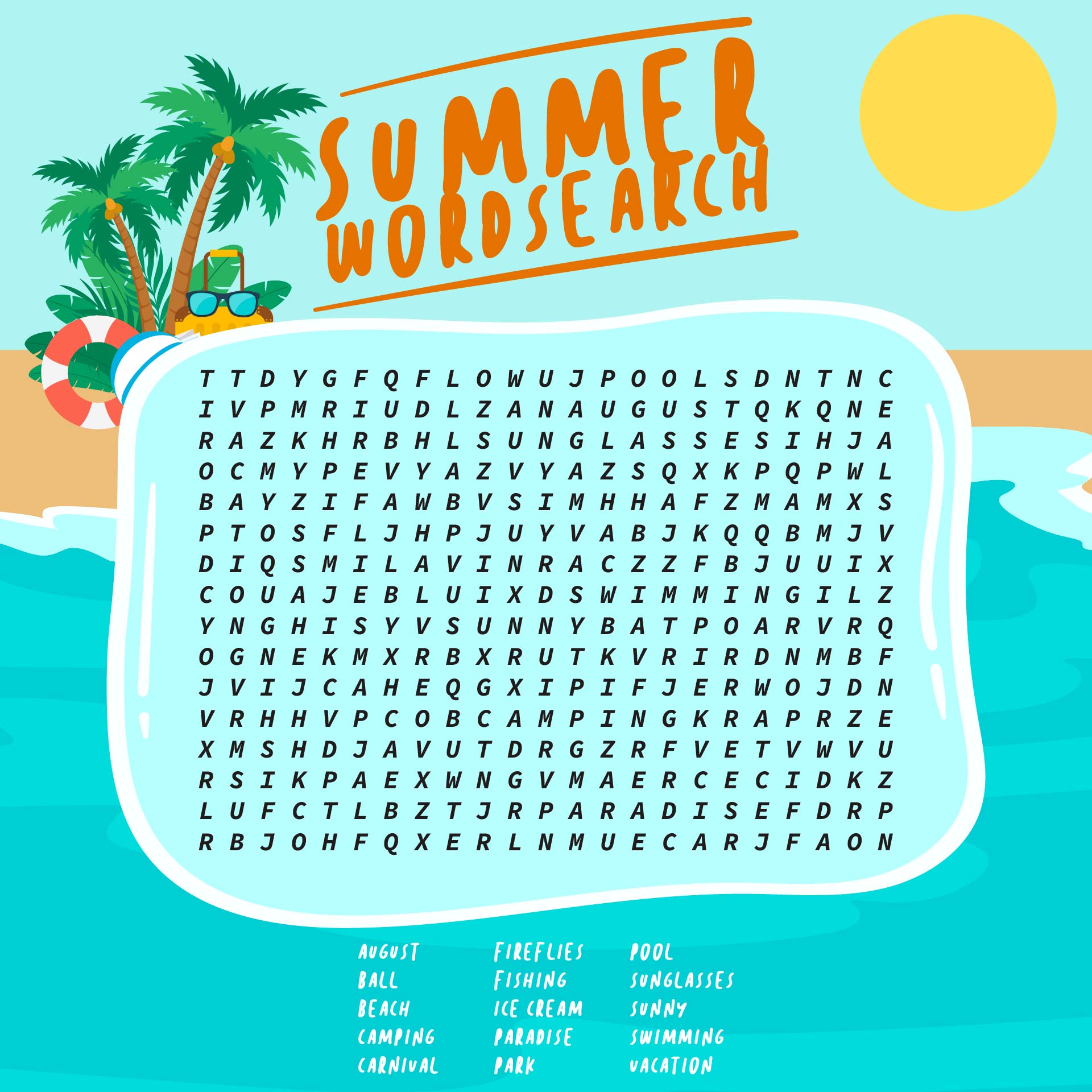 Printable Summer Word Search Middle School