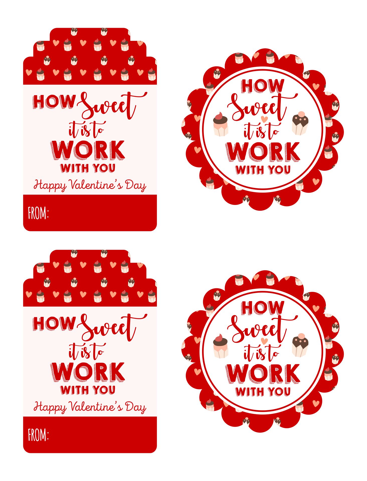 Printable Sweet Cupcake Valentine Card Coworkers Gift Tags