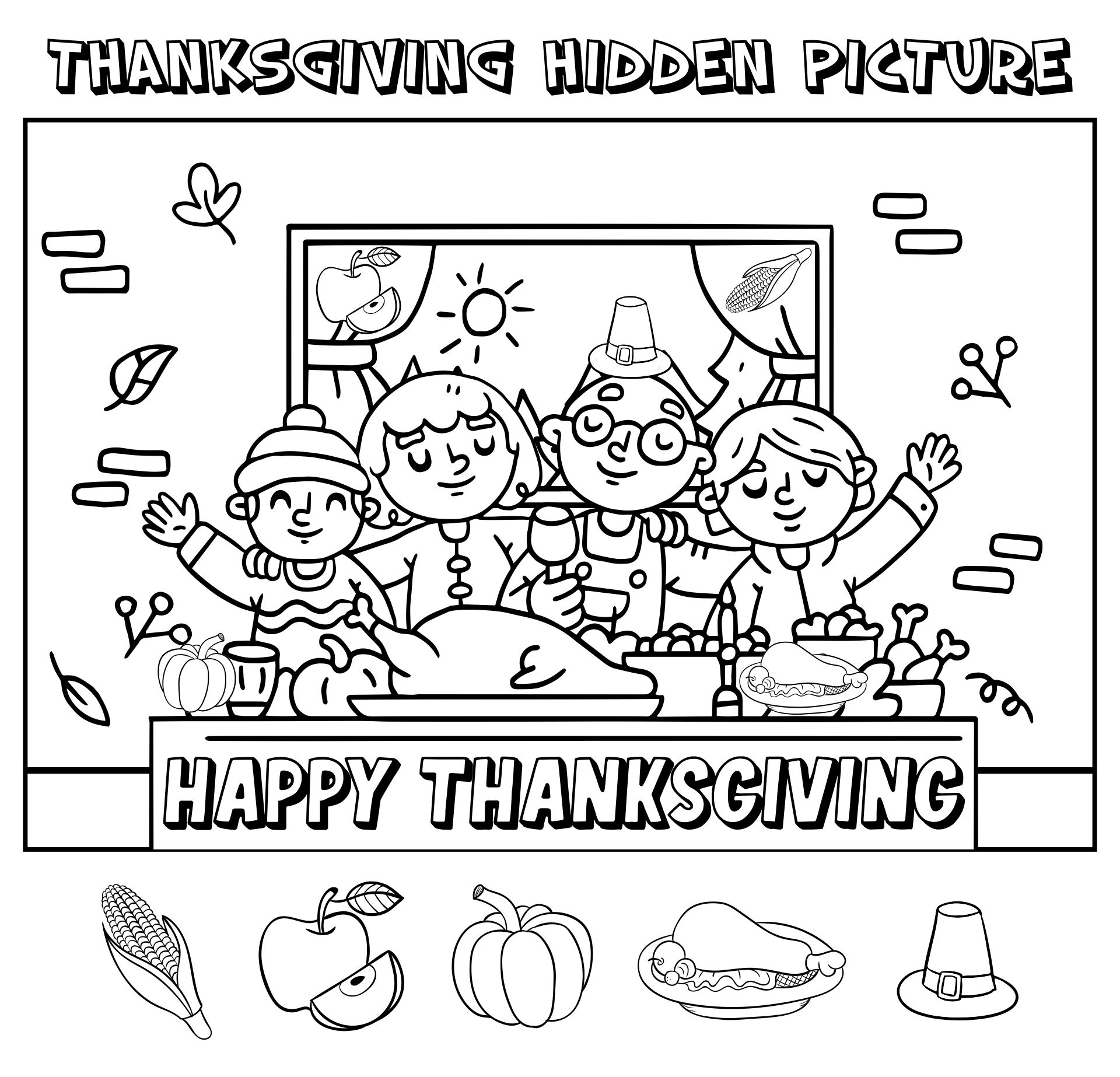 Printable Thanksgiving Hidden Objects Coloring Pages