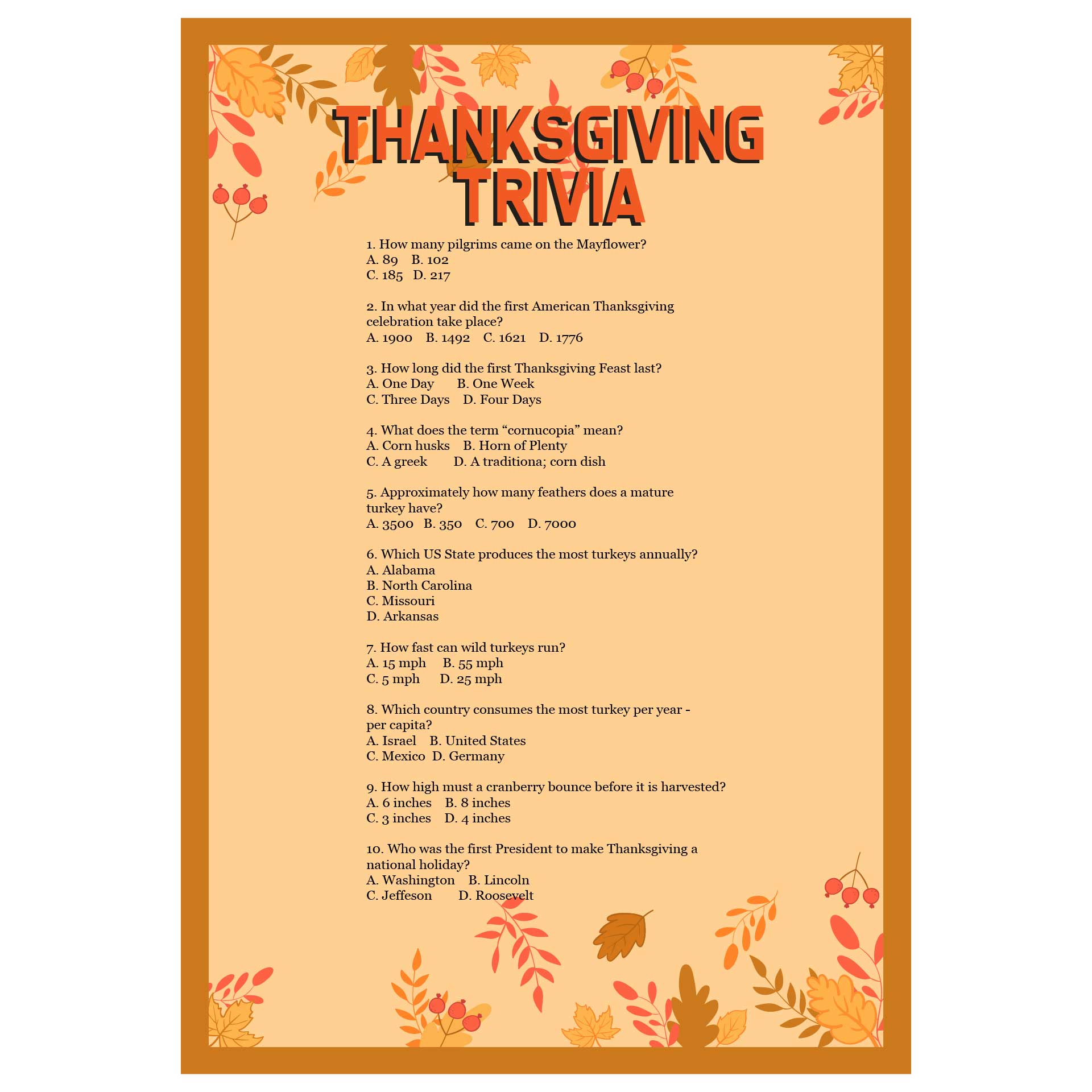 Printable Thanksgiving Trivia Questions And Answers For Adults