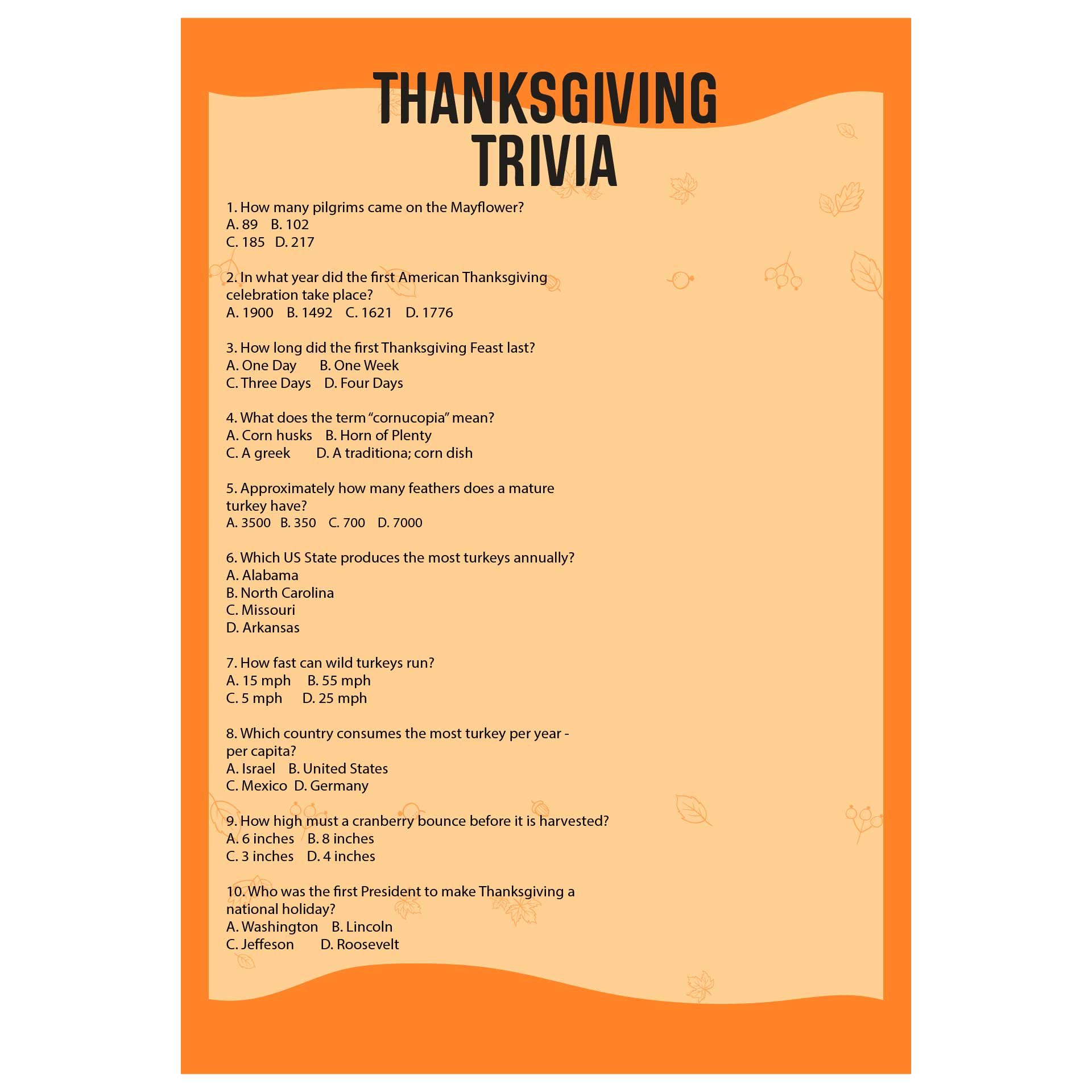 Printable Thanksgiving Trivia Questions And Answers Multiple Choice