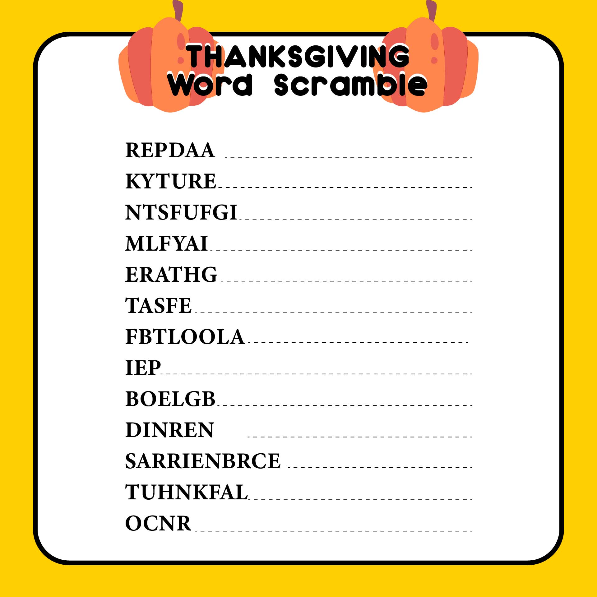 Printable Thanksgiving Unscramble Words