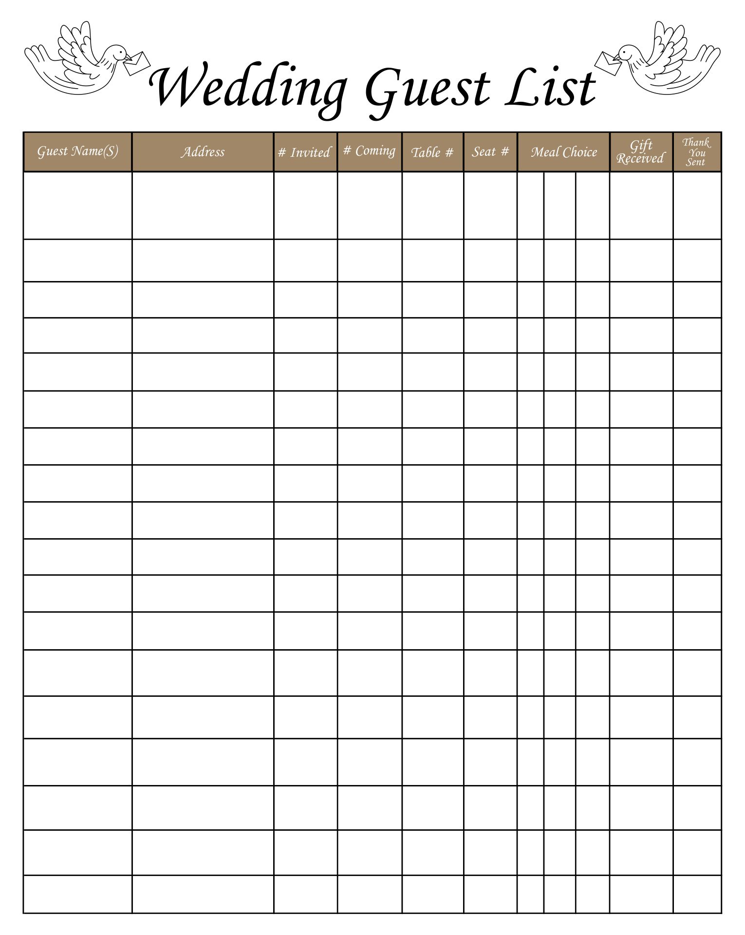 Printable Wedding Guest List Checklist Template