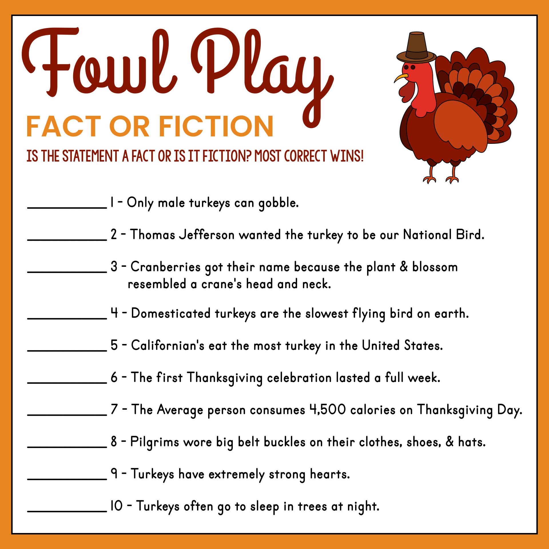 Thanksgiving Trivia Game Fowl Play Turkey Trivia