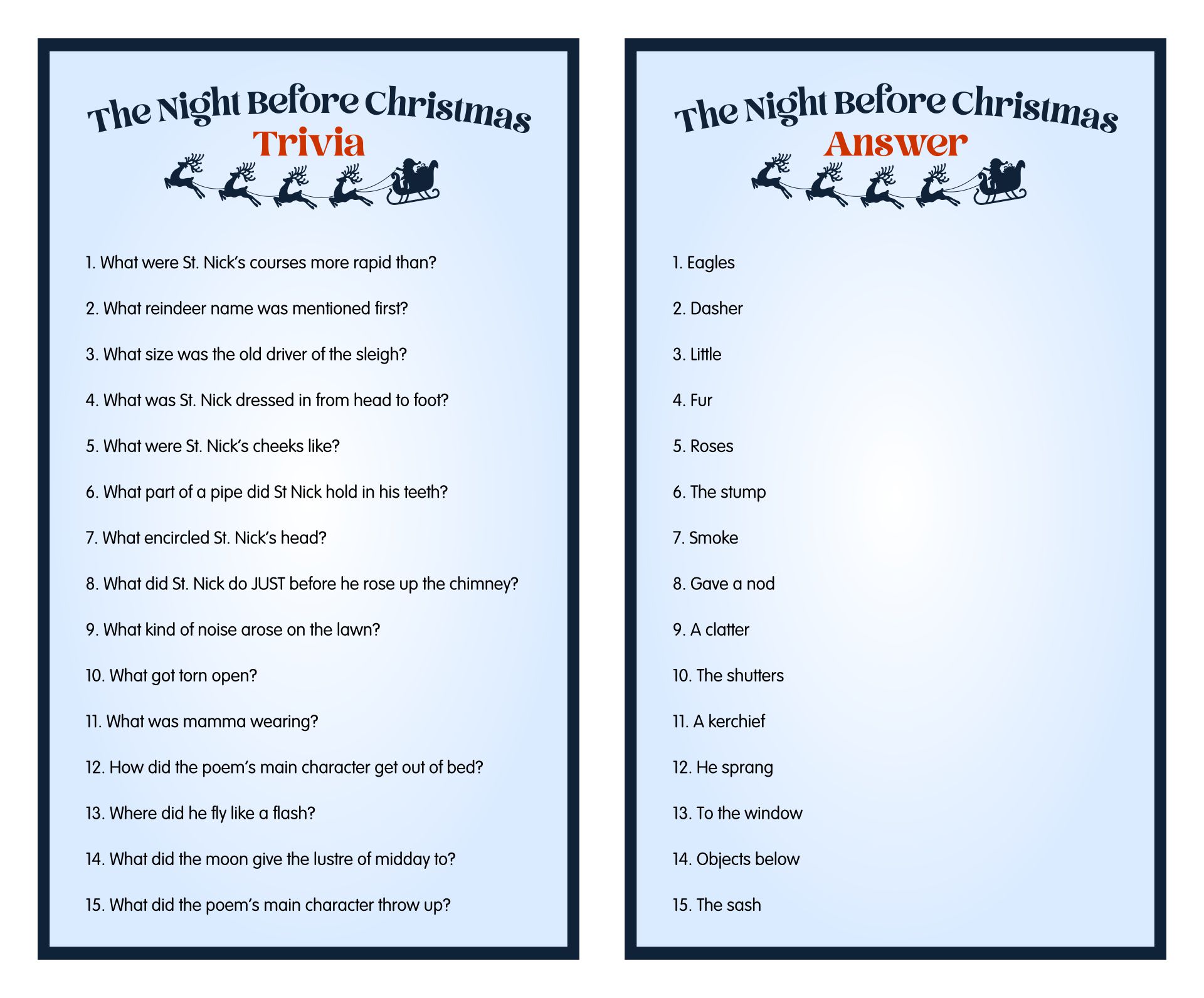 The Night Before Christmas Trivia Game Printable