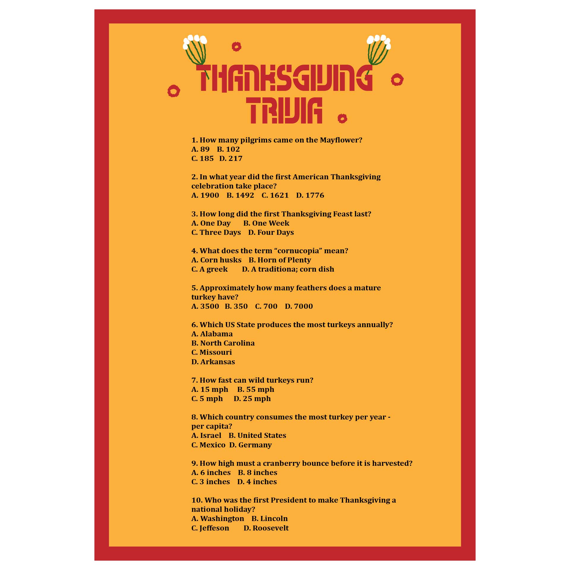 Trivia Questions And Answers About Thanksgiving Printable