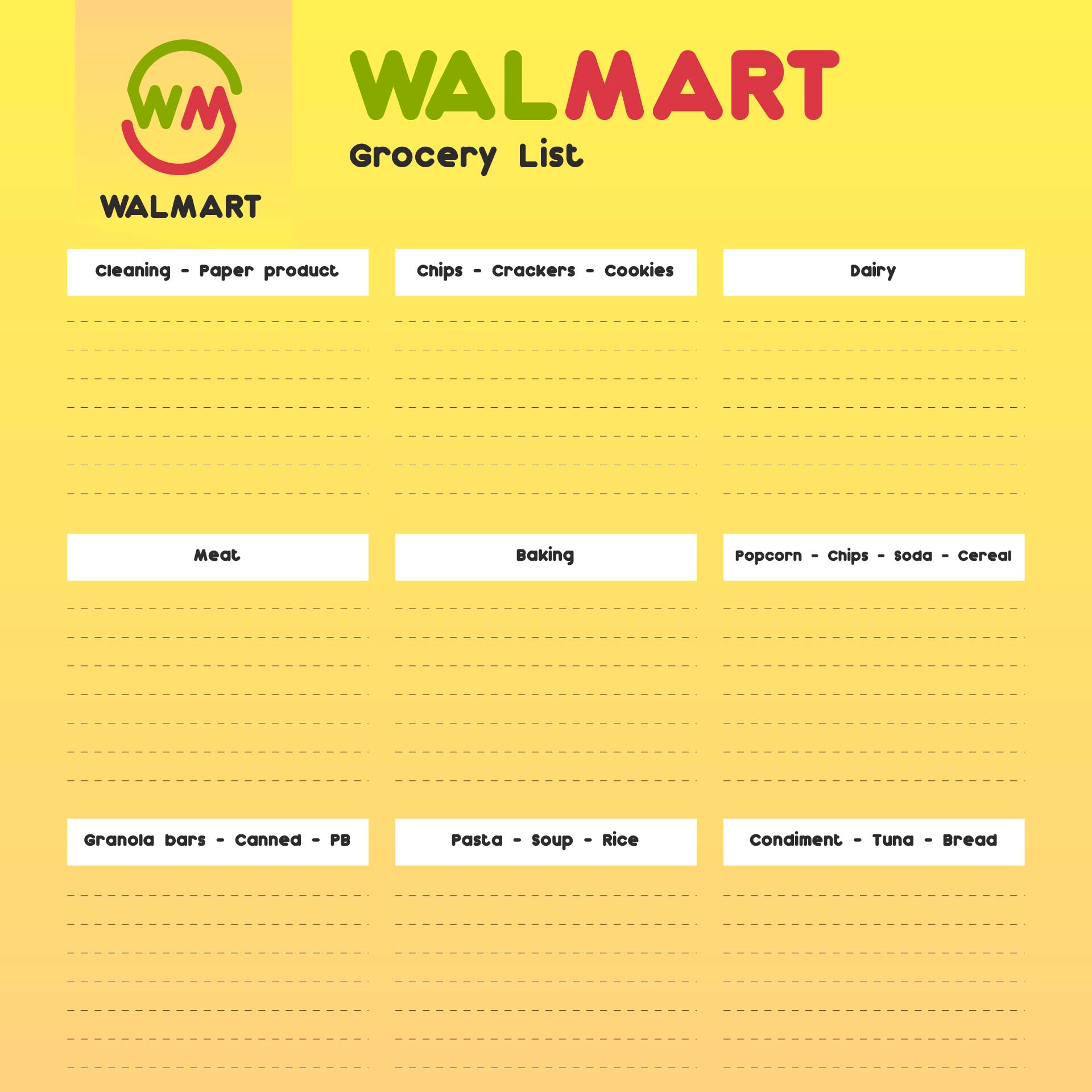 Walmart Shopping List Template