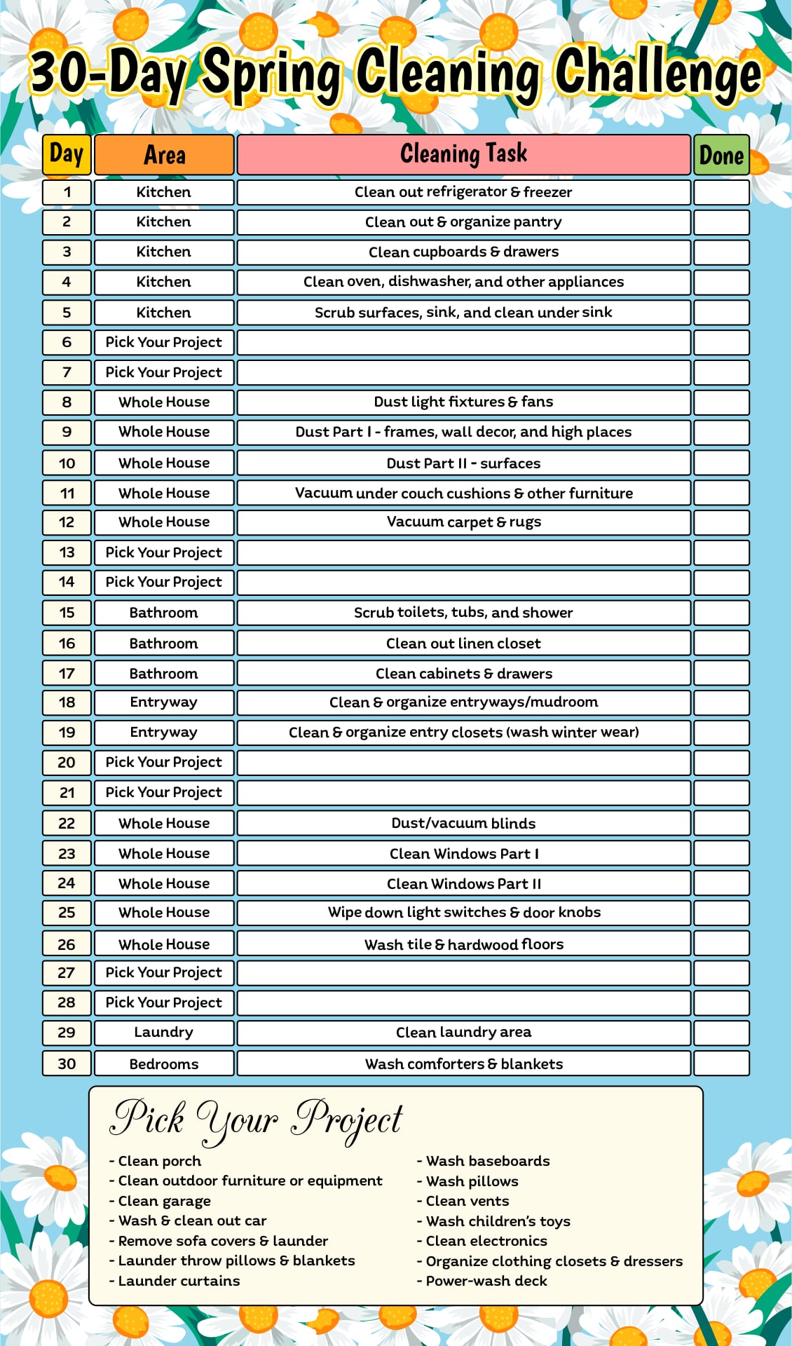 Printable 30 Day Spring Cleaning Challenge Checklist