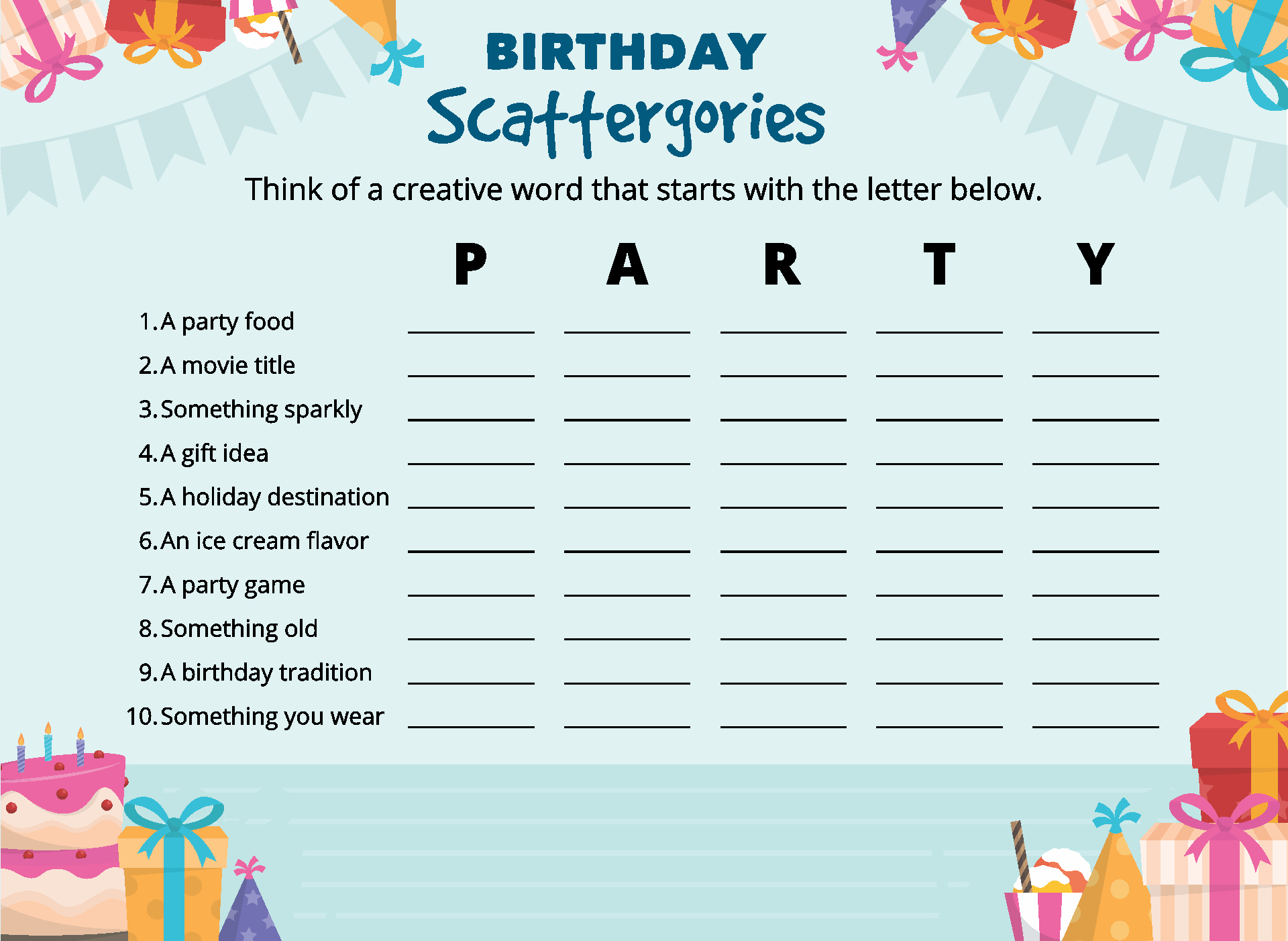 Printable Birthday Scattergories Game