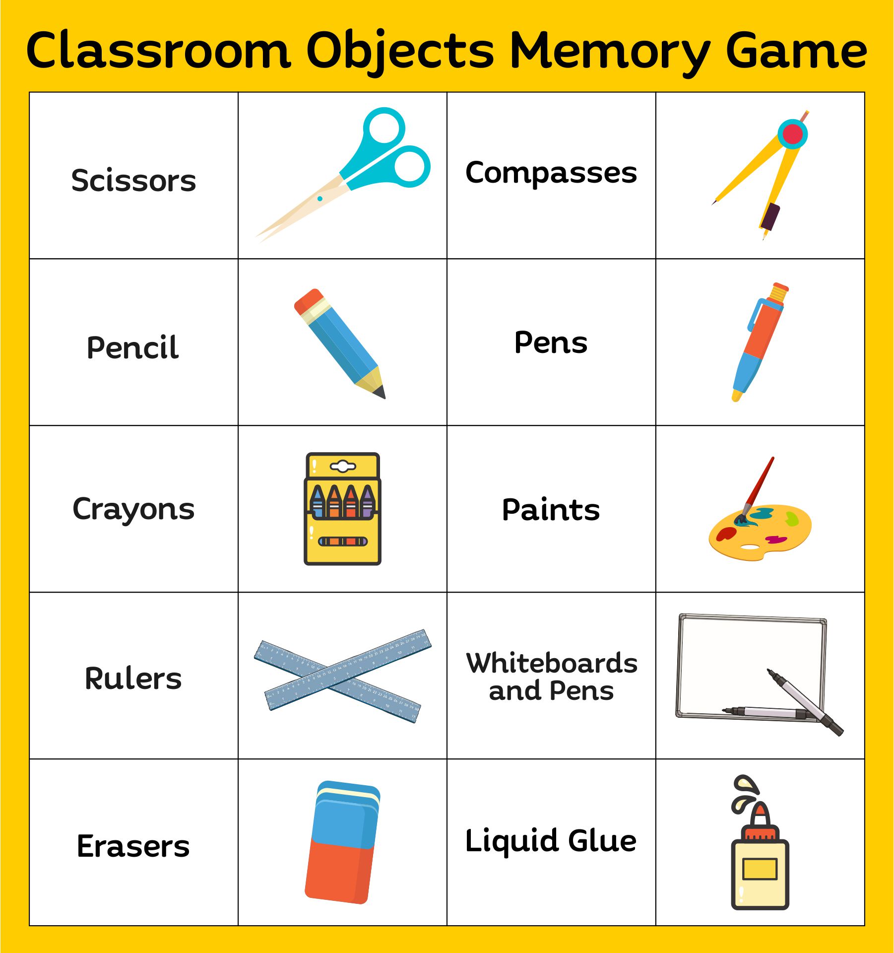 Printable Classroom Objects Memory Game