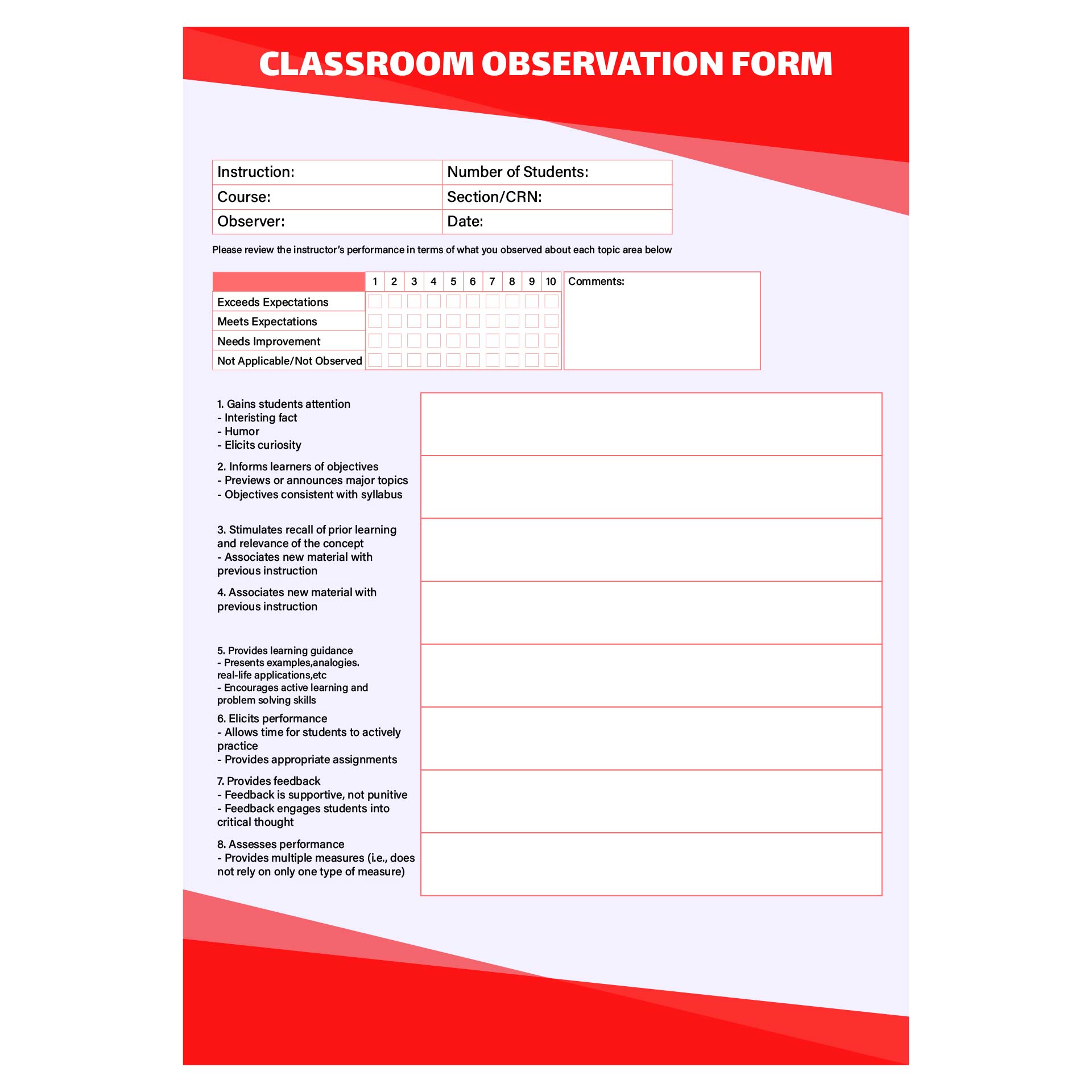 Printable Classroom Observation Form