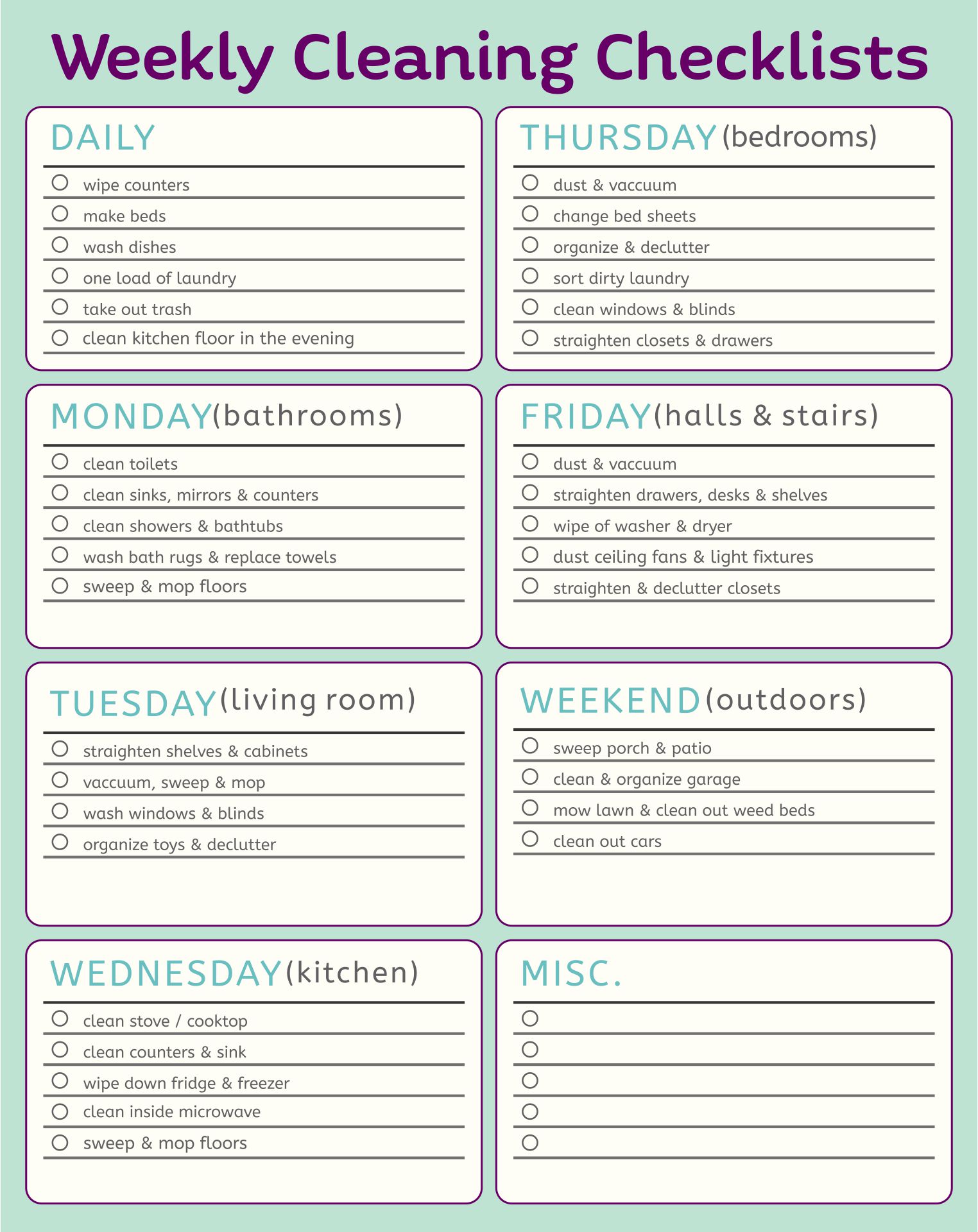 Printable Cleaning Checklists For Weekly