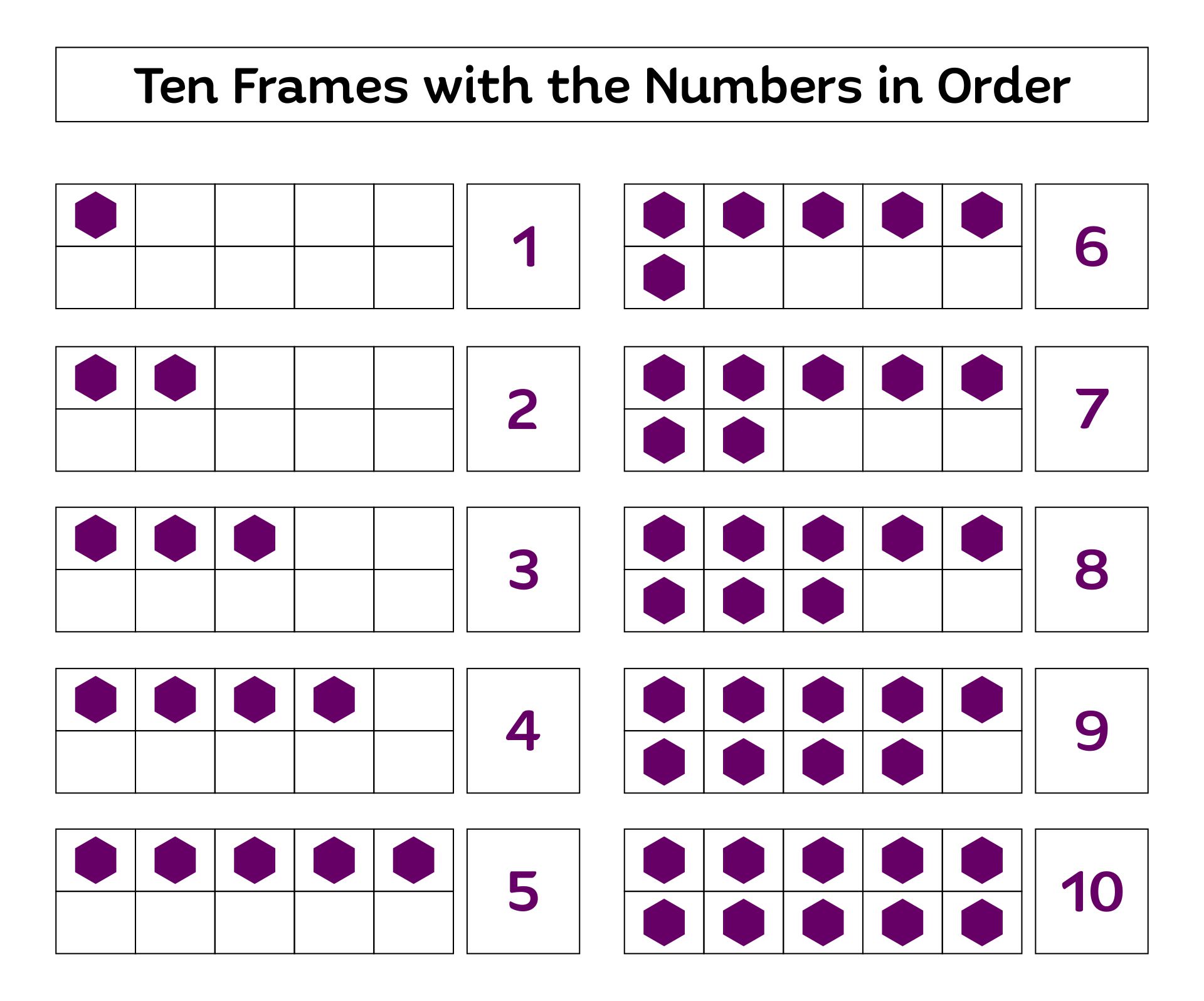 Printable Completed Ten Frames With The Numbers In Order