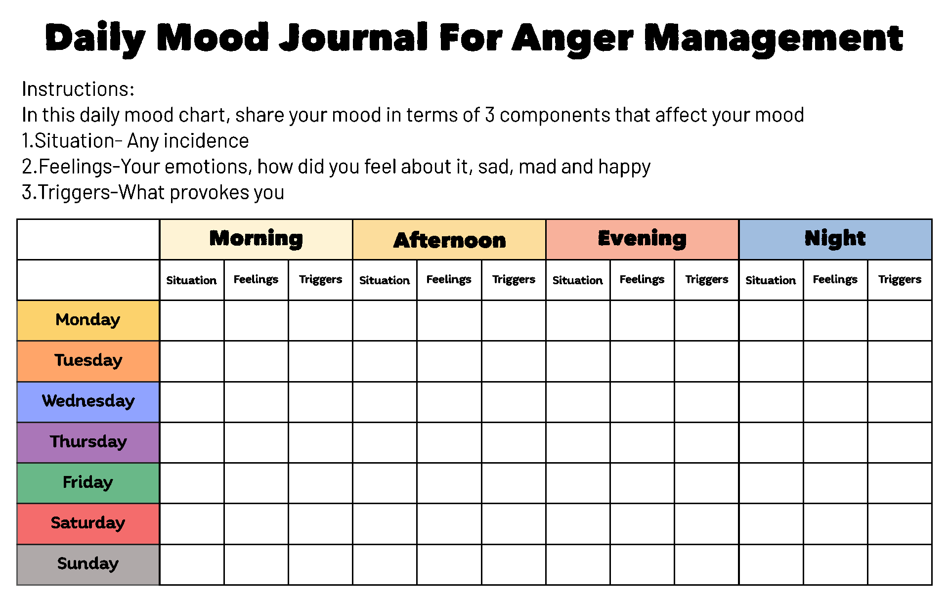 Printable Daily Mood Journal For Anger Management