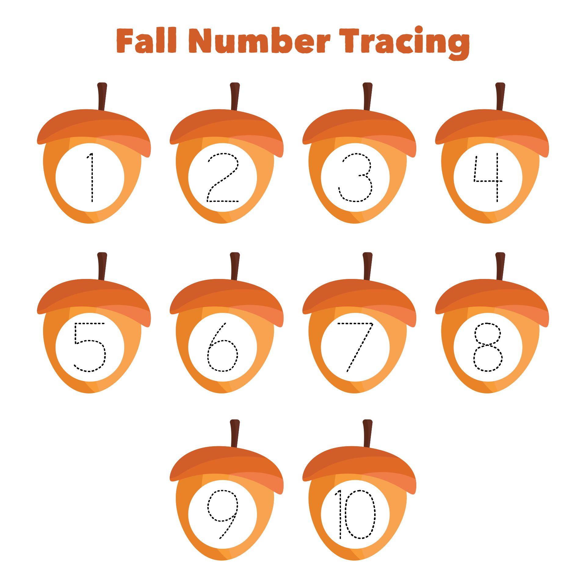 Printable Fall Theme Preschool Number Tracing Worksheets