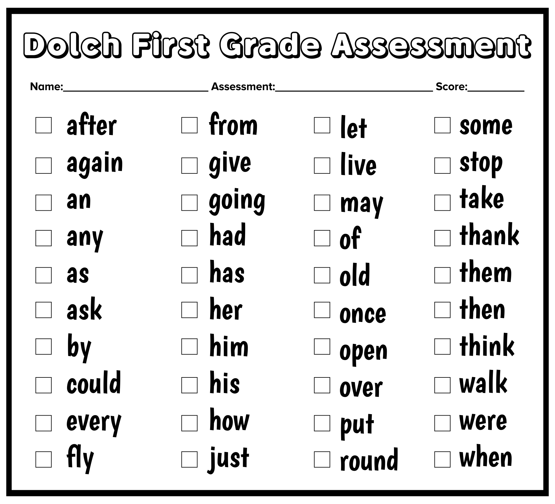 Printable First Grade Dolch Word Assessment
